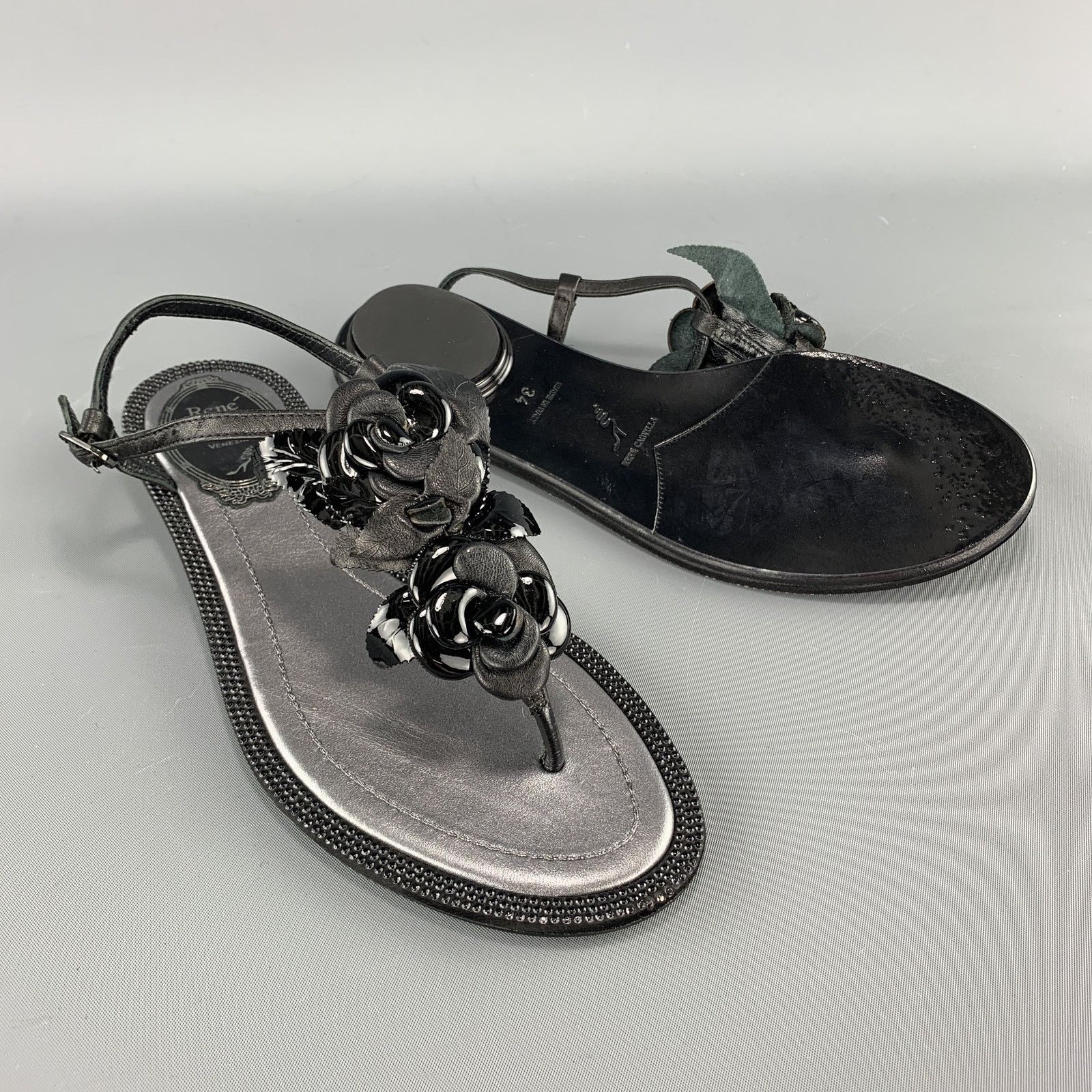 Rene Caovilla It 34 Black Leather Rose T Strap Sandals, Women's — image 4 of 6
