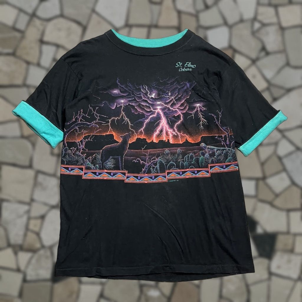 VINTAGE 90s Howling Wolf Lightning Habitat T-Shirt 2 sided Large Mens Black Short Sleeve T-Shirt