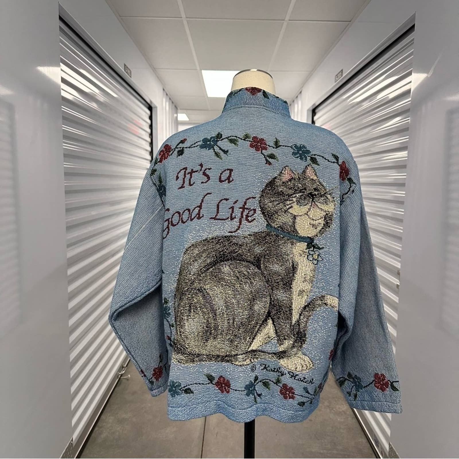 image of Vintage Sugar Street Weavers 'its A Good Life' Cat Jacket XL in Blue, Women's