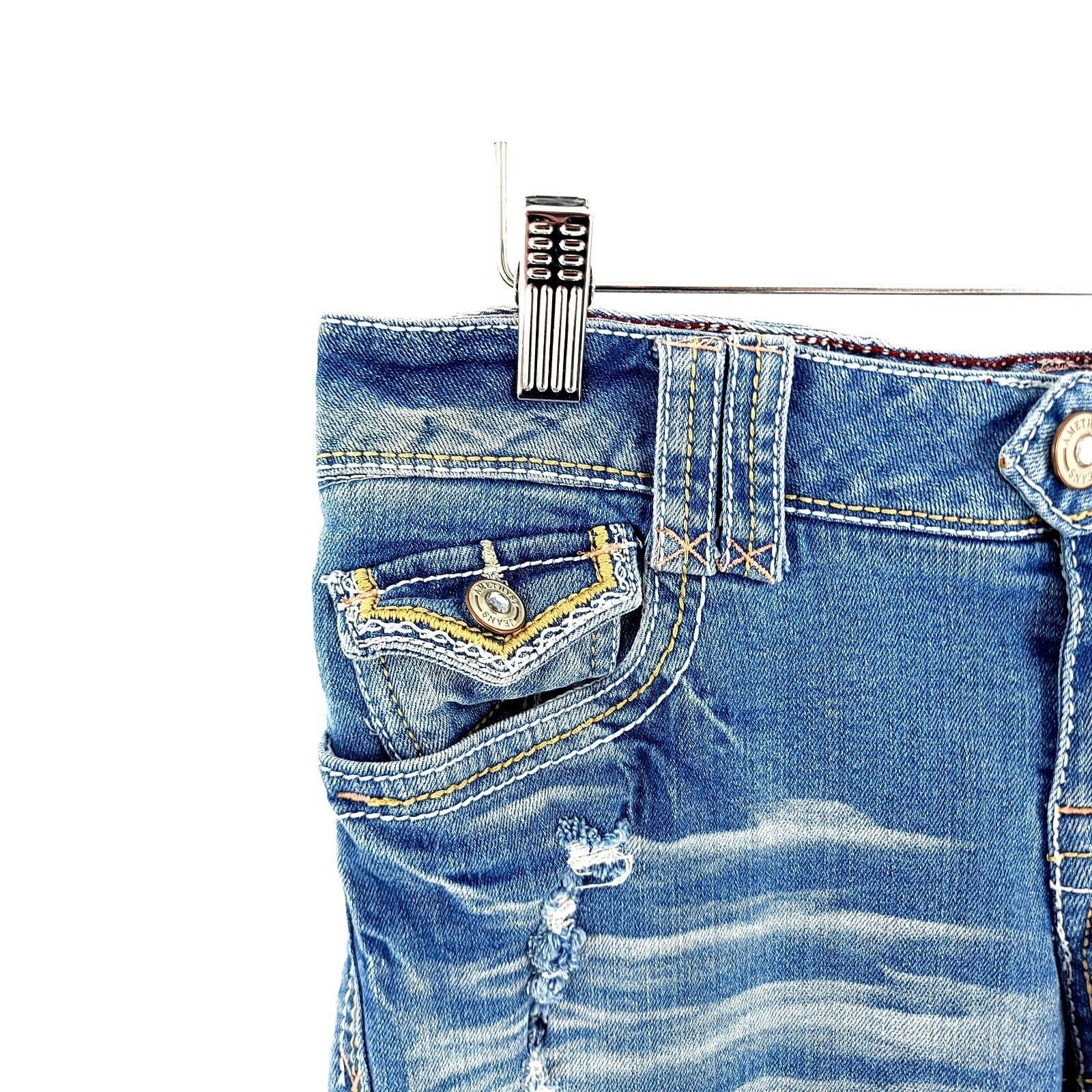Other Amethyst Jean Denim Shorts Blue Whiskering Distressed Low Ri Size 31" - 3 Thumbnail