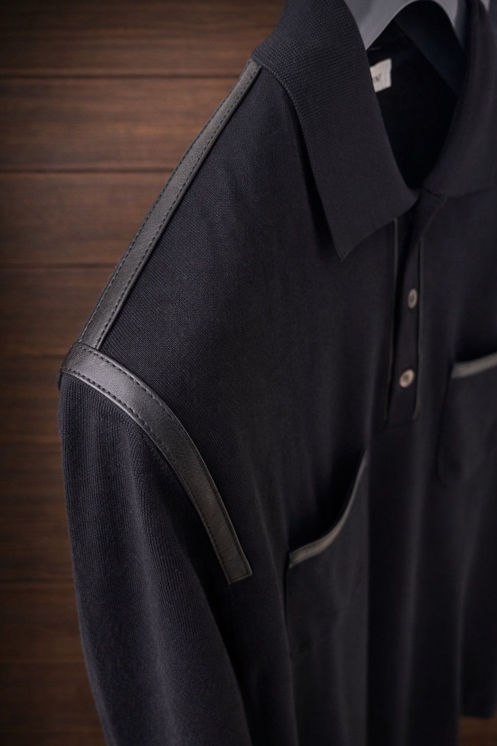 Other Bilancioni Black Wool Leather Trim Polo IT50 Size US M / EU 48-50 / 2 - 3 Thumbnail