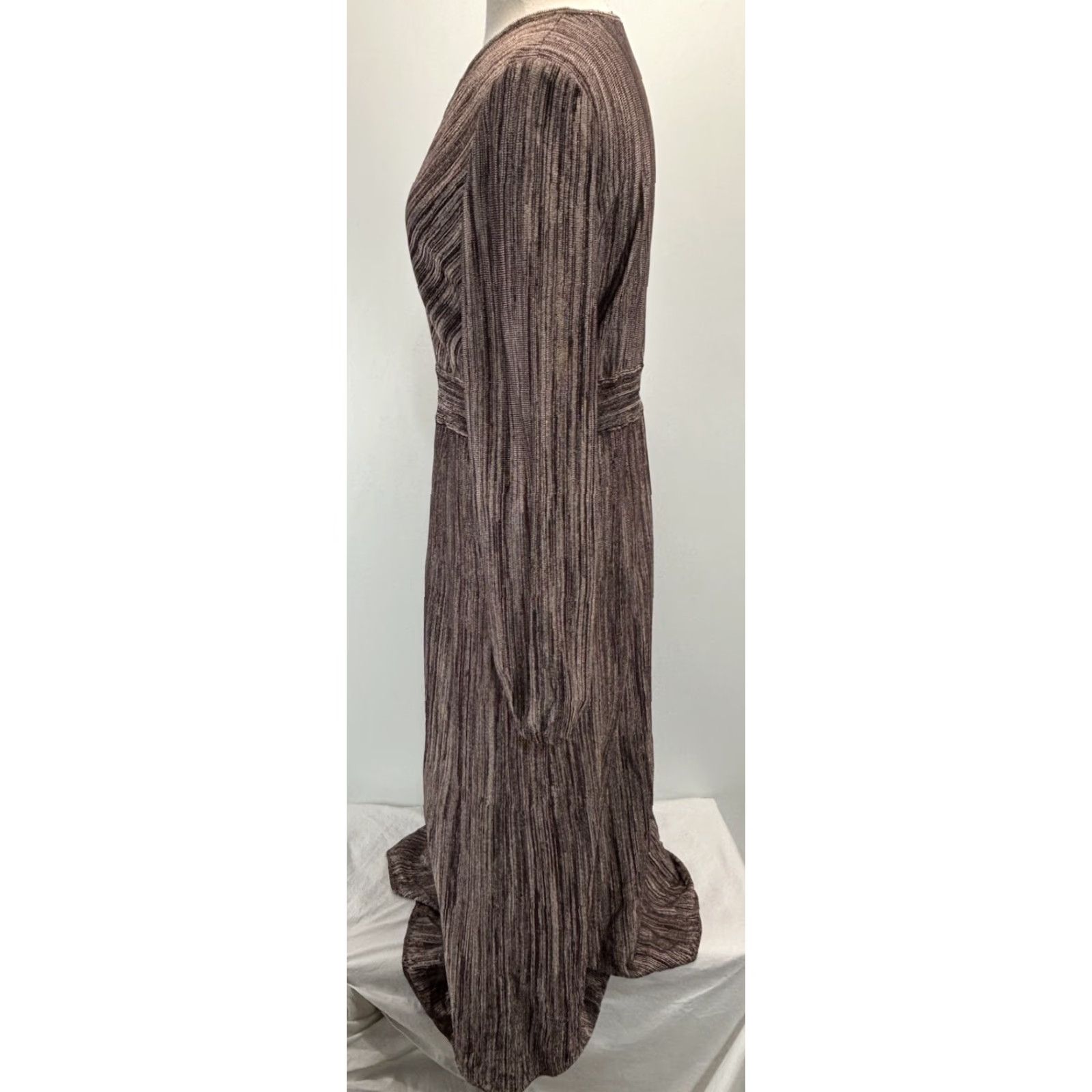 Vintage Misook Knit Jacquard Maxi Sweater Dress Women’s Large Heritage Fit Bishop Sleeve Brown With Purple Tones V-Neck Pullover Long Sleeve Size L / US 10 / IT 46 - 2 Thumbnail