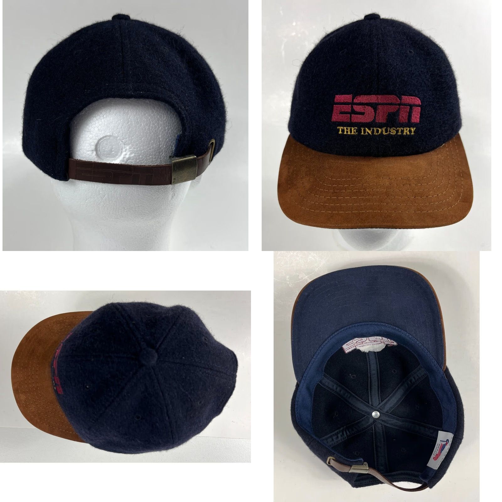 Vintage Vintage ESPN The Industry Strapback Hat Suede Brim Made in USA Navy Blue One Size Mens Adjustable 90s Sports Hat Size ONE SIZE - 8 Thumbnail