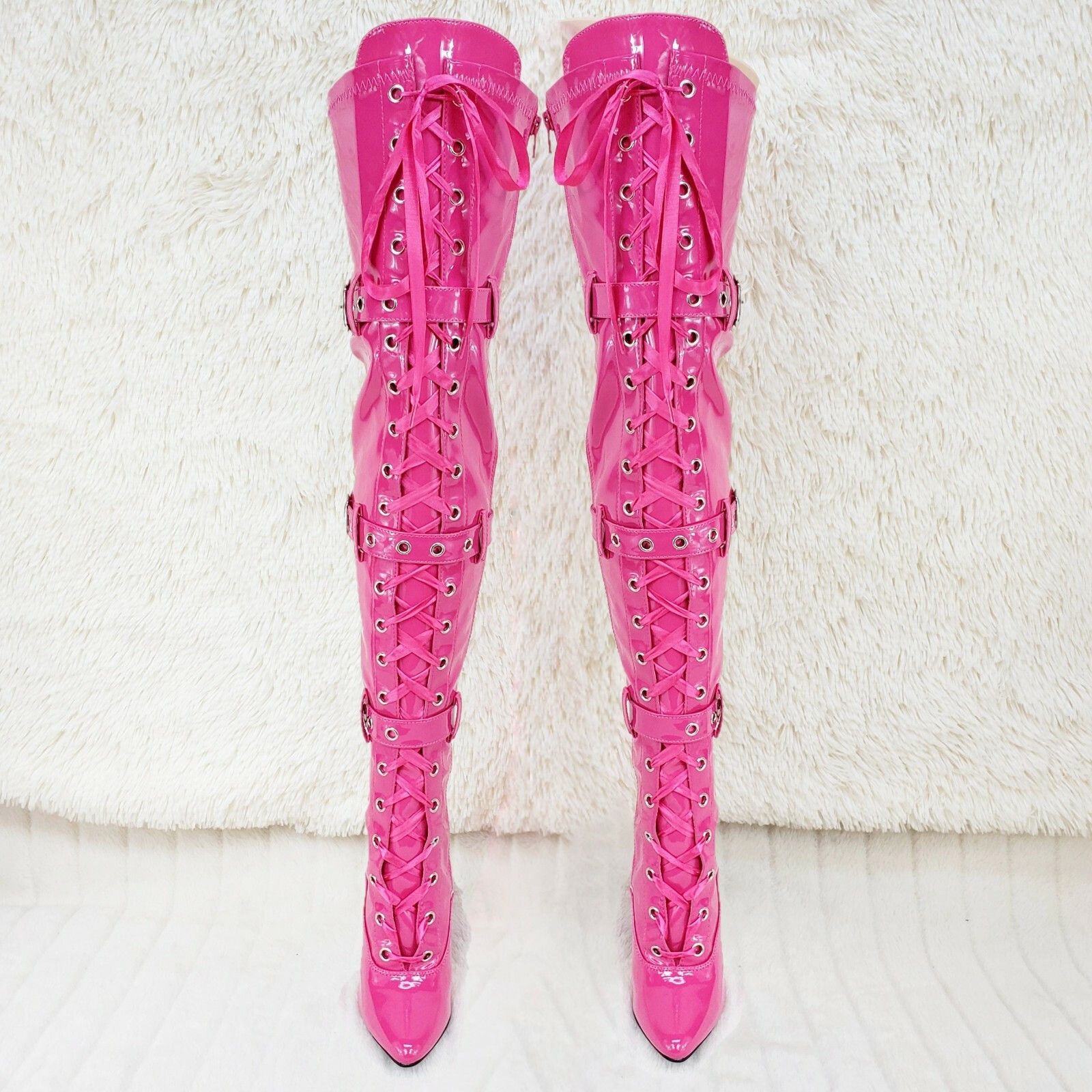 Other Seduce 3028 Hot Pink Lace Up Thigh High Boots 5" Stiletto He Size US 12 / IT 42 - 4 Thumbnail