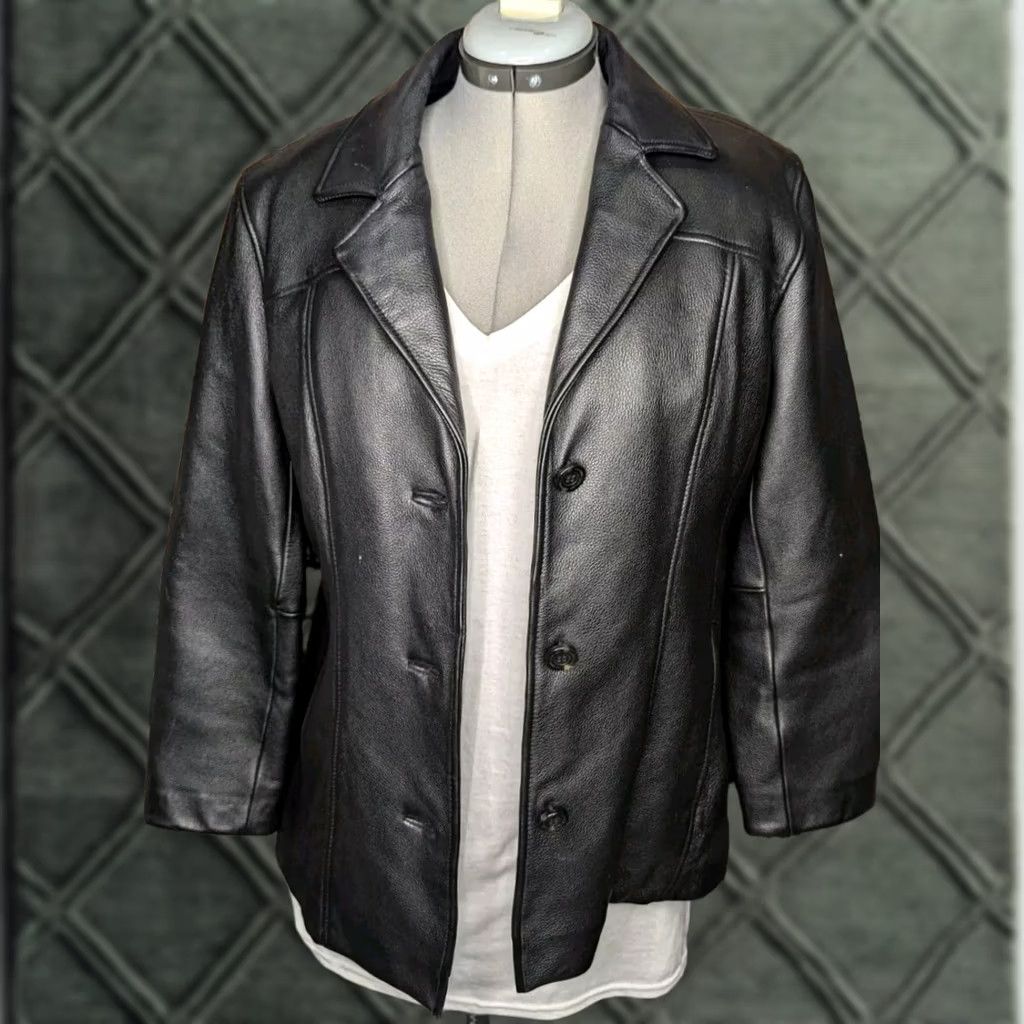 Vintage Wilsons Leather Womens Jacket Large Black Button Heavy Duty Car Church Coat Size L / US 10 / IT 46 - 1 Thumbnail