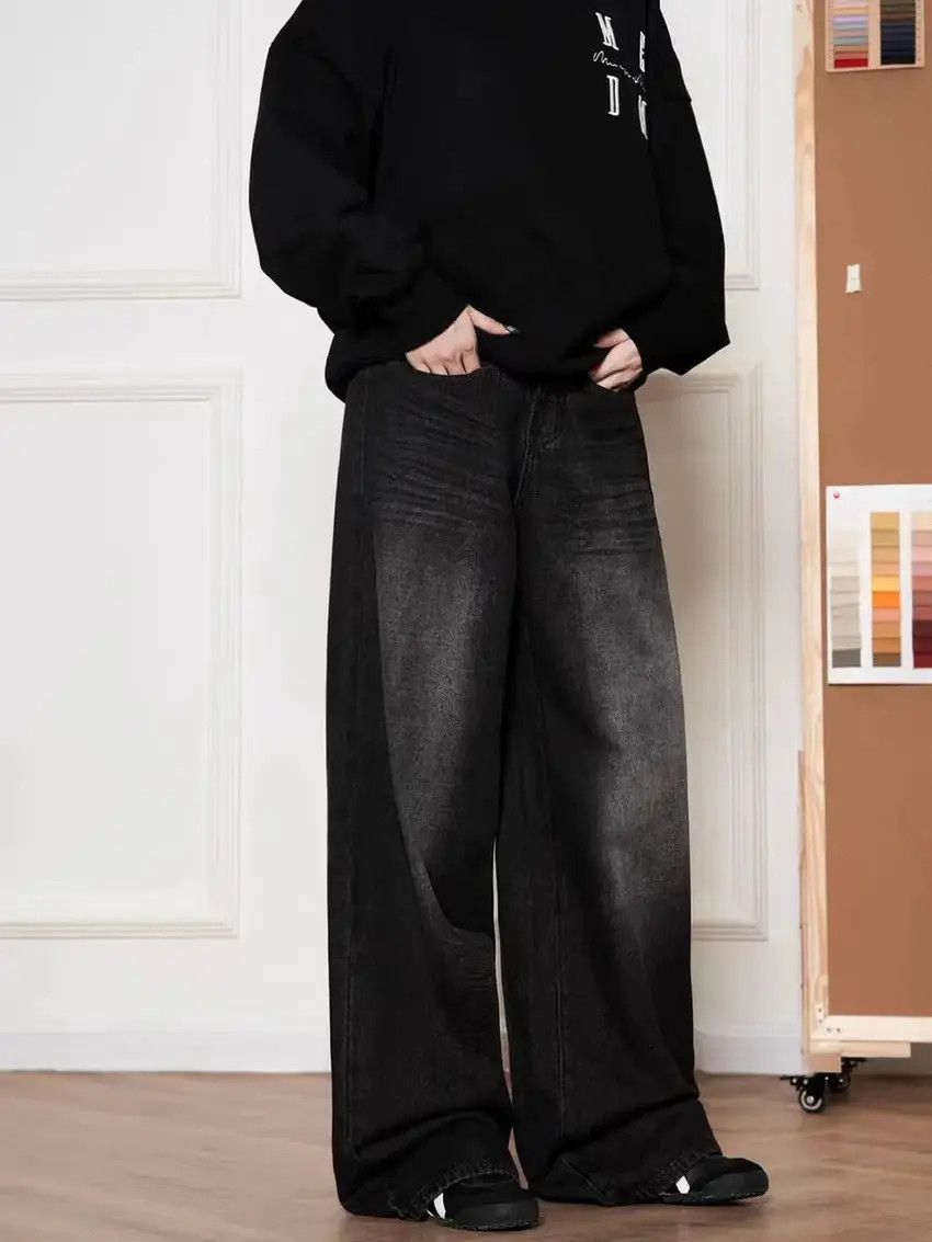 Designer × Japanese Brand Vintage High Street Black Straight Leg Wide Jeans Size US 33 - 1 Thumbnail