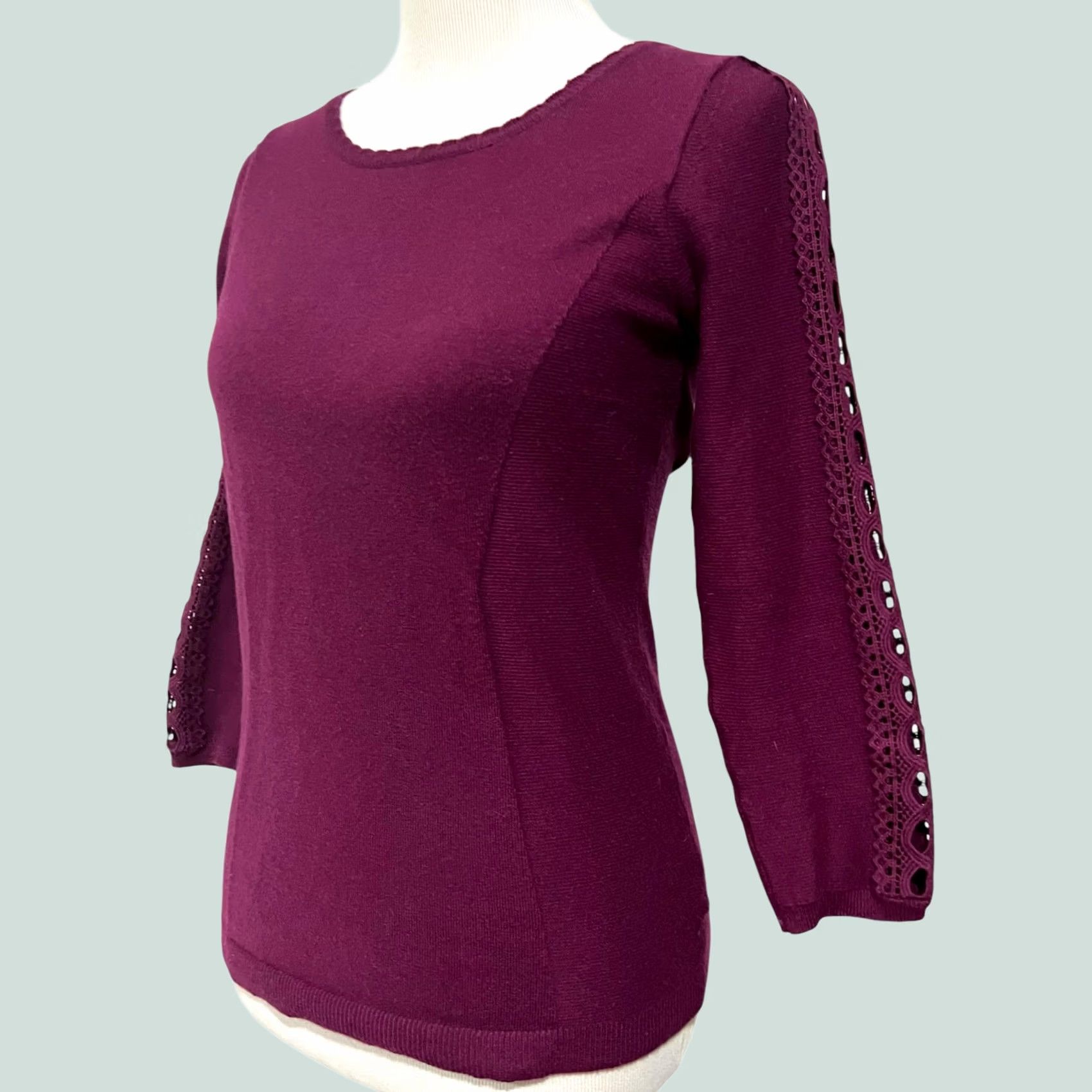Anthropologie ANGEL OF THE NORTH Sweater Women’s S Purple Lace Detail 3/4 Sleeve Pullover Cashmere Cotton Nylon Spandex Anthro polo (adjusted for clarity) Size S / US 4 / IT 40 - 1 Thumbnail
