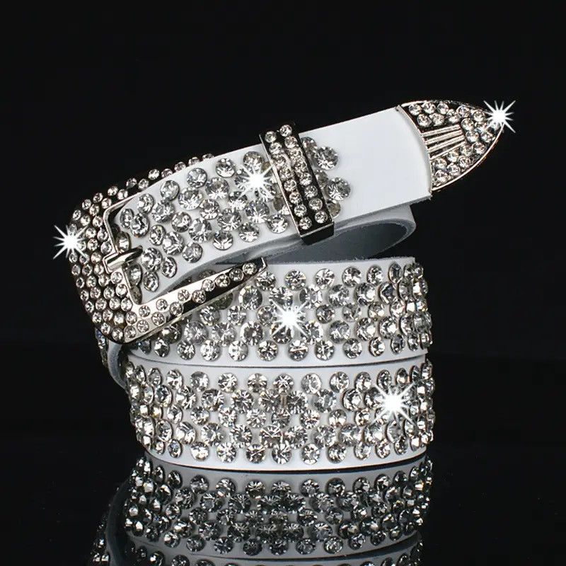 image of White Rhinestone Pu Leather Belt, Men's