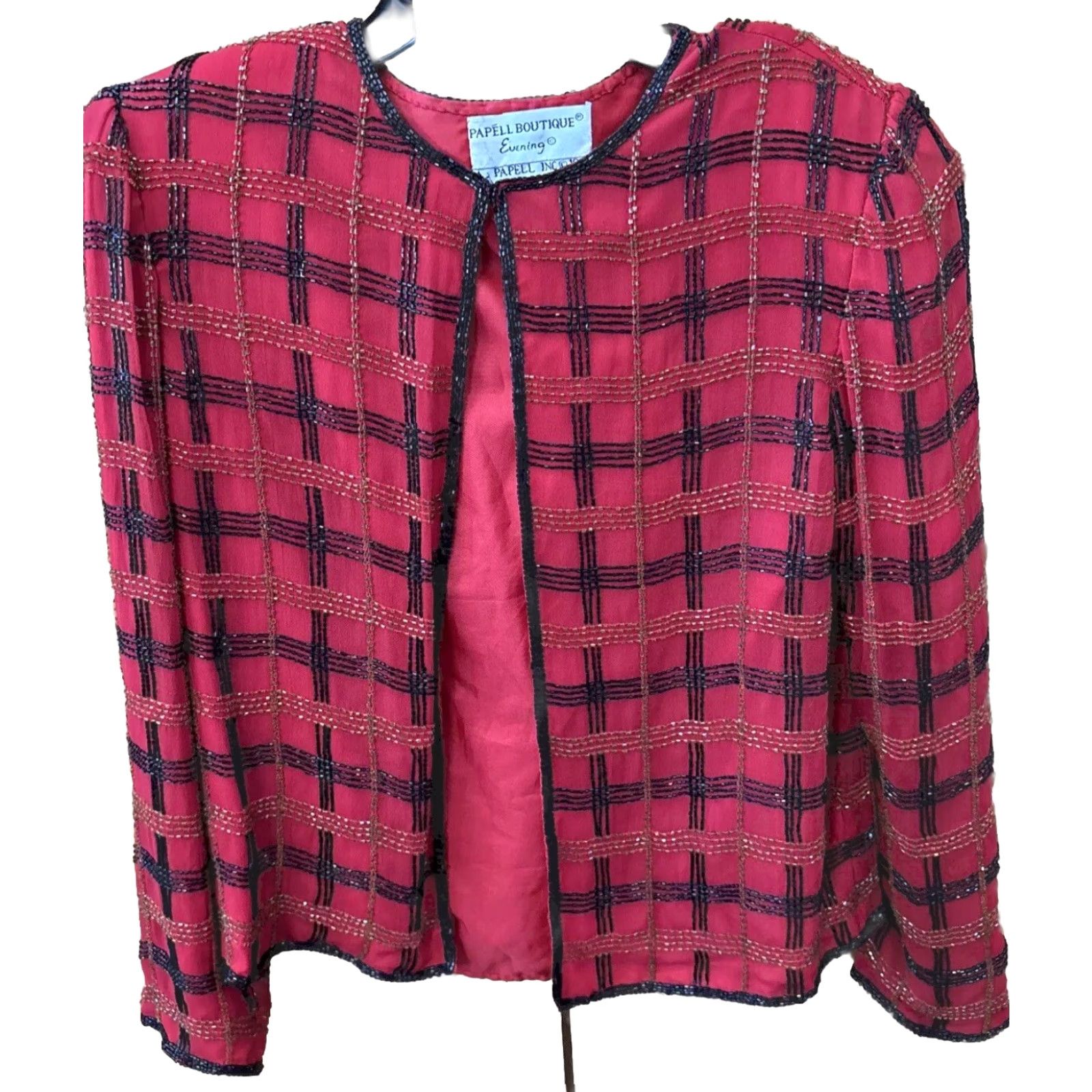 Vintage VINTAGE Papell Boutique Silk Long Sleeve Jacket Beaded Red Black Lined S Size S / US 4 / IT 40 - 2 Thumbnail