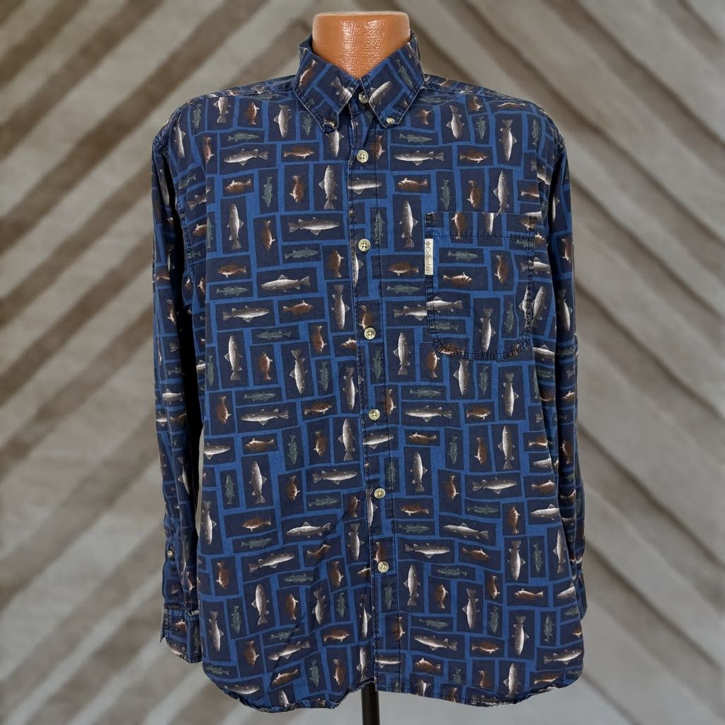 Vintage VINTAGE Columbia Shirt Men M Button-Up Geometric Fish Outdoor 90s Dad Blue Cotton Size US M / EU 48-50 / 2 - 1 Thumbnail
