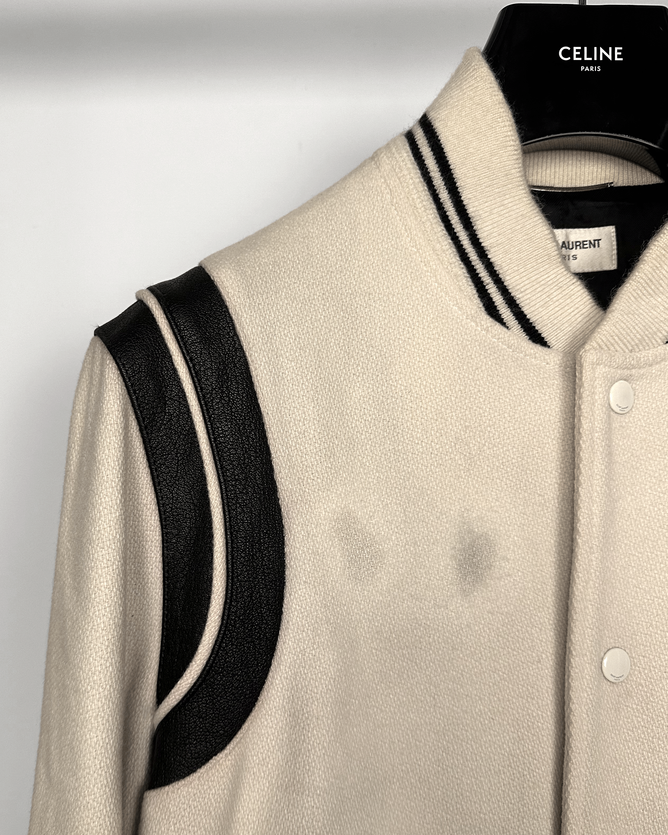 Saint Laurent Paris Saint Laurent Cream Teddy Varsity Bomber Jacket Size US L / EU 52-54 / 3 - 7 Thumbnail