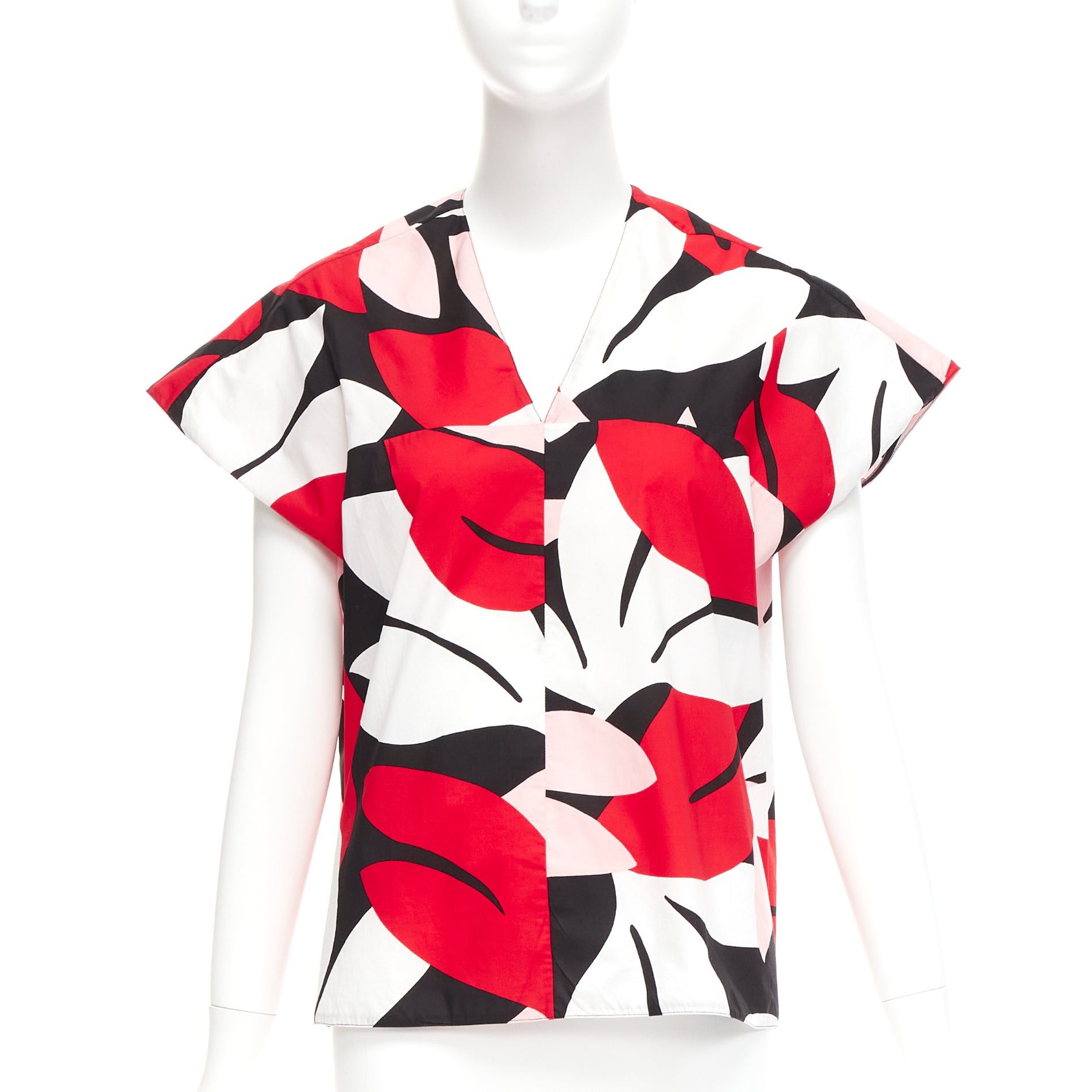 Marni MARNI red black white 100% cotton geometric print cap sleeve boxy top IT38 XS Size XS / US 0-2 / IT 36-38 - 1 Thumbnail