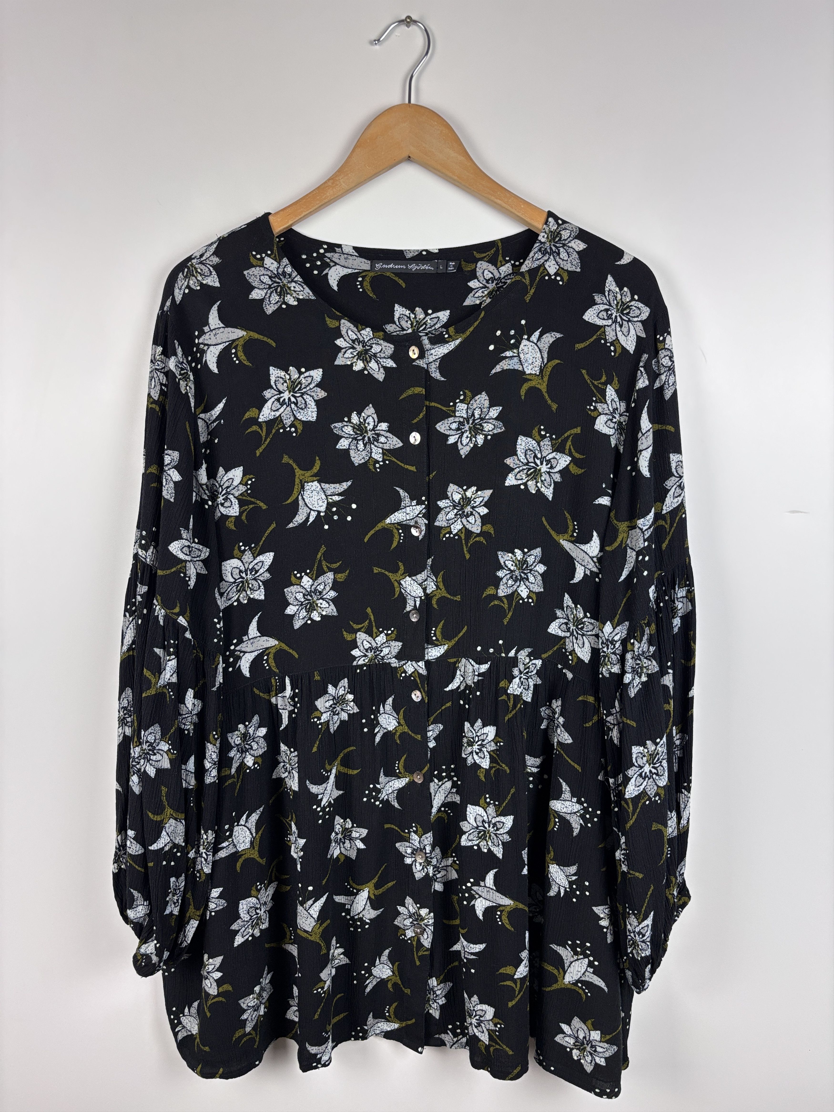 Gudrun Sjoden Tunic Babydoll Floral Shirt Dress Black Size L