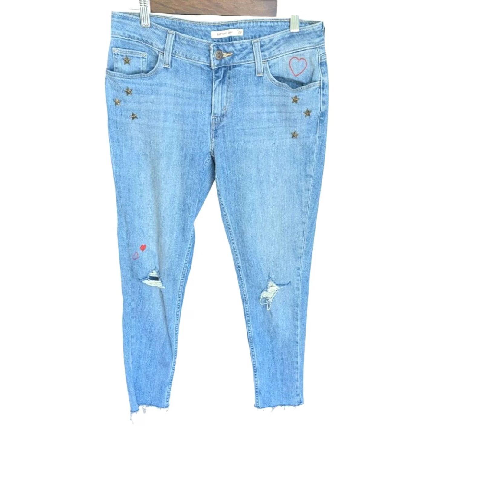 Levi's Levi's 535 Super Skinny Embellished Embroidered Distressed Jeans Women Size 29 Blue Embroidered Hearts Stars 535 Skinny Low Rise Jeans Womens Size 29 Size 29" - 4 Thumbnail
