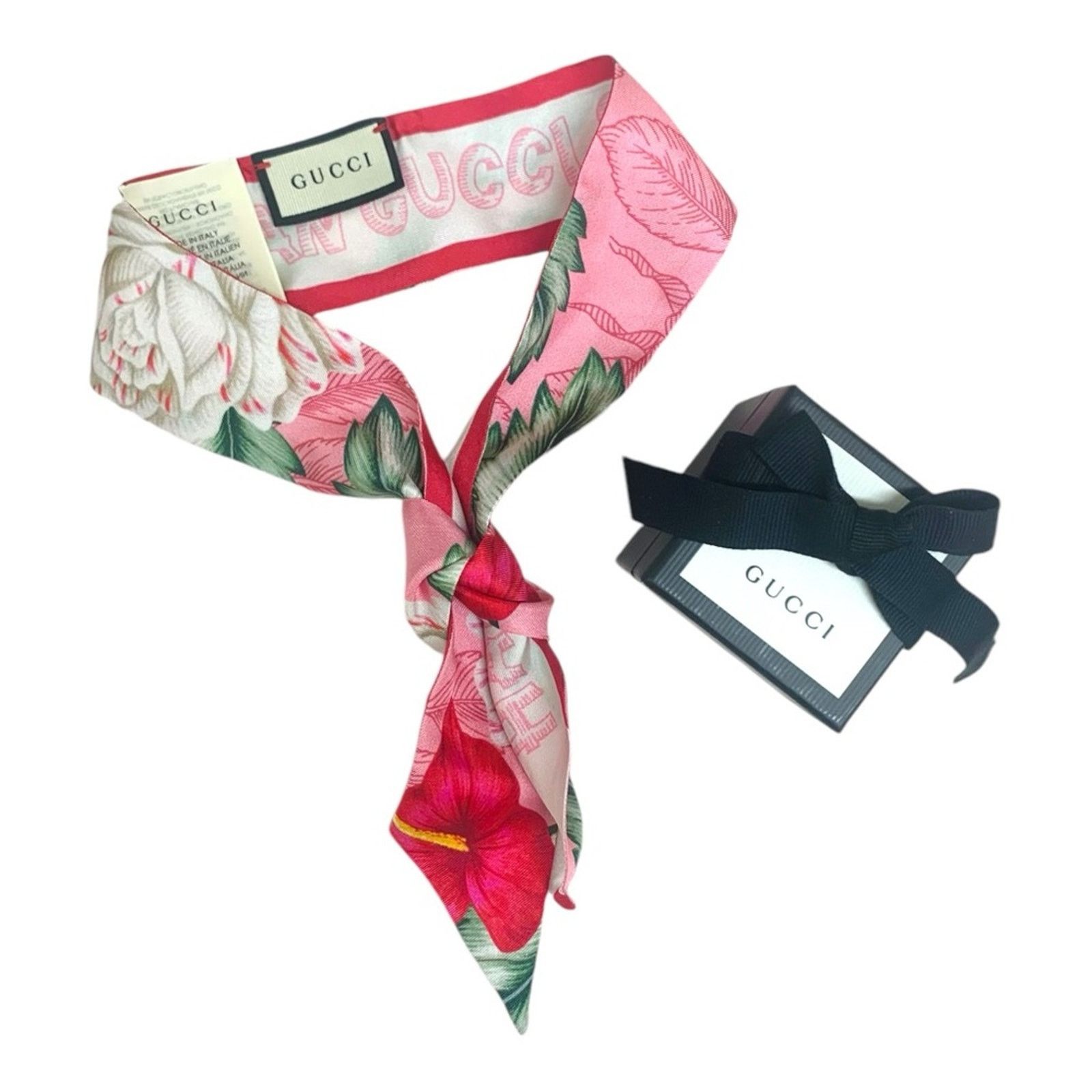 Gucci NiB Gucci Pink Silk Hawaiian Floral Twill Neck Bow Bag Scarf Size ONE SIZE - 2 Thumbnail