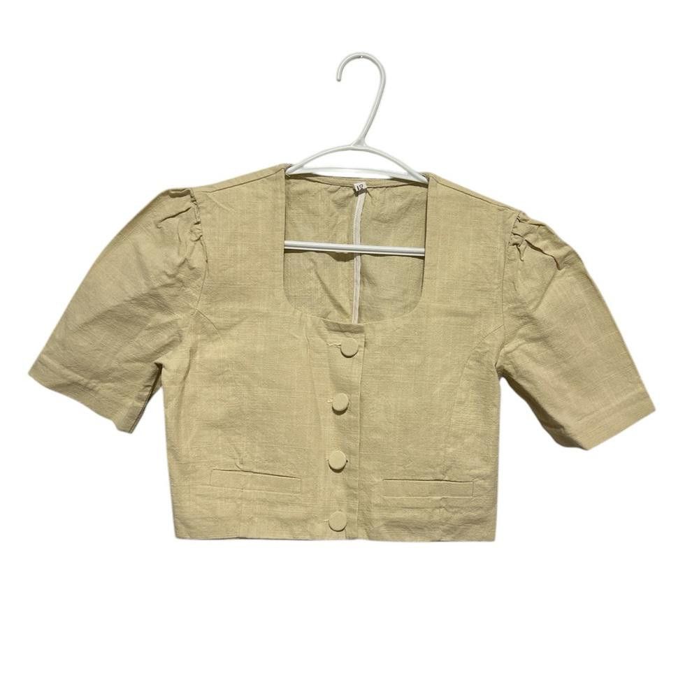 Designer Dear brand yellow linen cropped button-up blouse Size S / US 4 / IT 40 - 1 Thumbnail