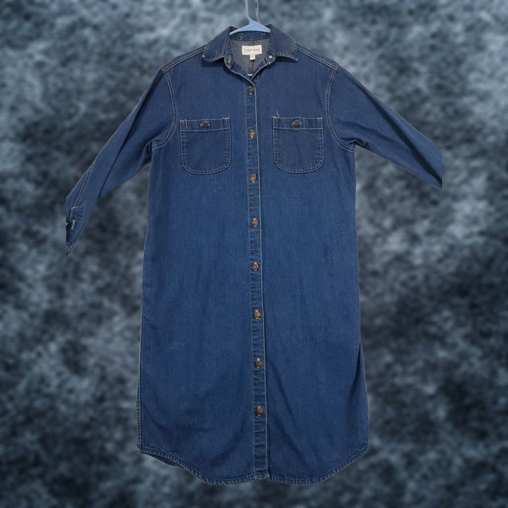 Calvin Klein VINTAGE Calvin Klein Denim Jumper Dress Long Sleeve Midi Blue 7 Women USA 80s Retro Shirt Dress with Pockets Size M / US 6-8 / IT 42-44 - 1 Thumbnail