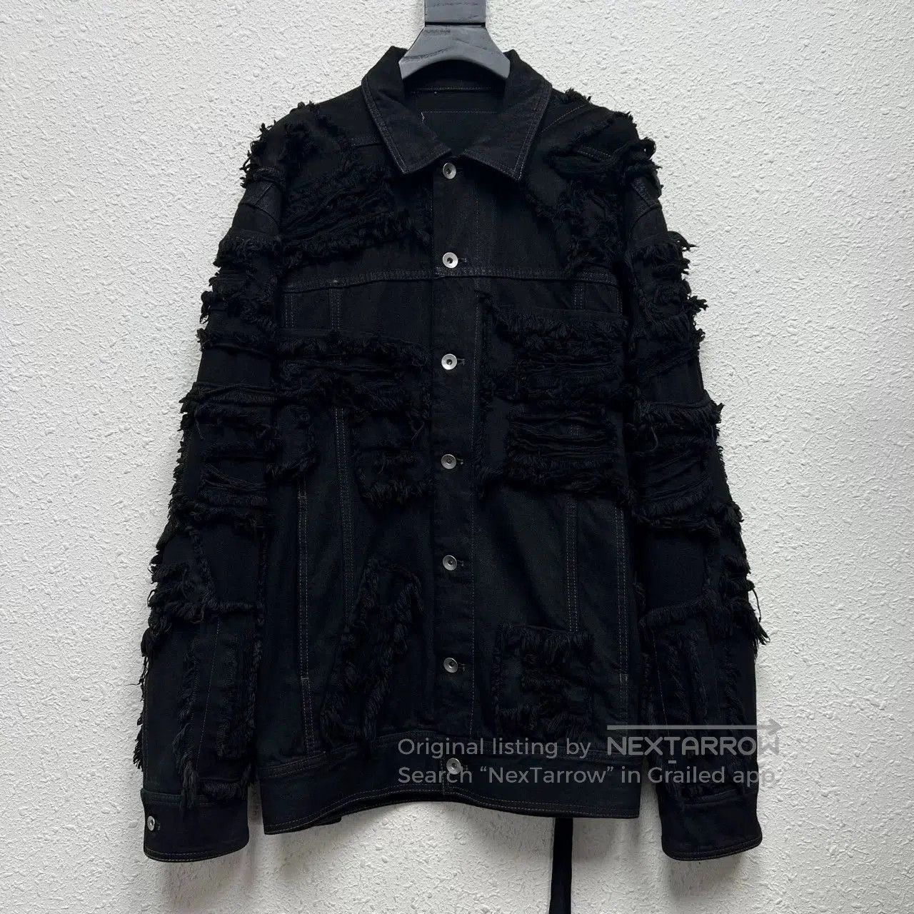 rick owens distressed black denim jacket.