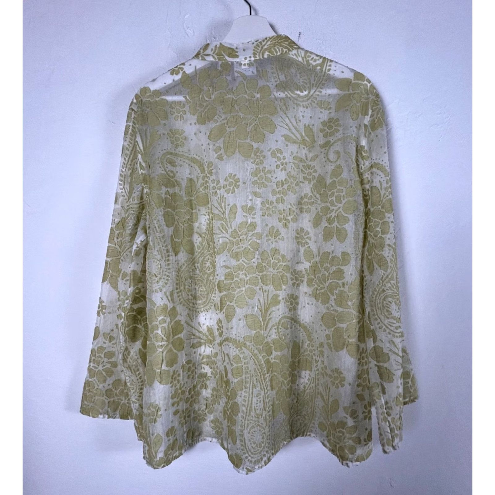Vintage Chico's Sheer Floral Button-Front Blouse Mandarin Collar Sz 2 Green Linen Blend Size XS / US 0-2 / IT 36-38 - 2 Thumbnail