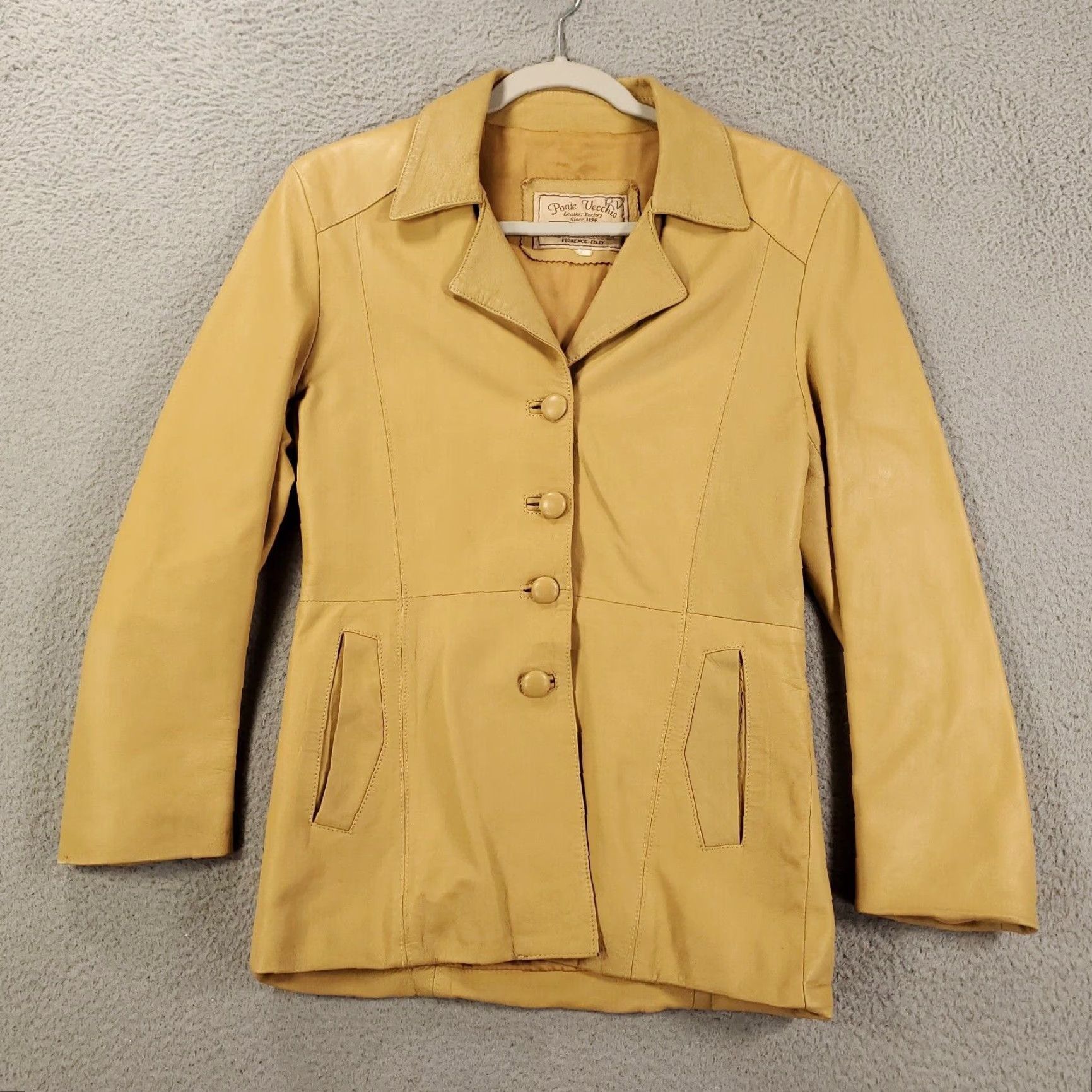 Vintage Ponte Vecchio Leather Jacket Womens Small S Tan Yellow Lined Button Up Mid-Length Long Sleeve Jacket Casual Basic 90s Classic Designer Italian French? Size S / US 4 / IT 40 - 2 Thumbnail