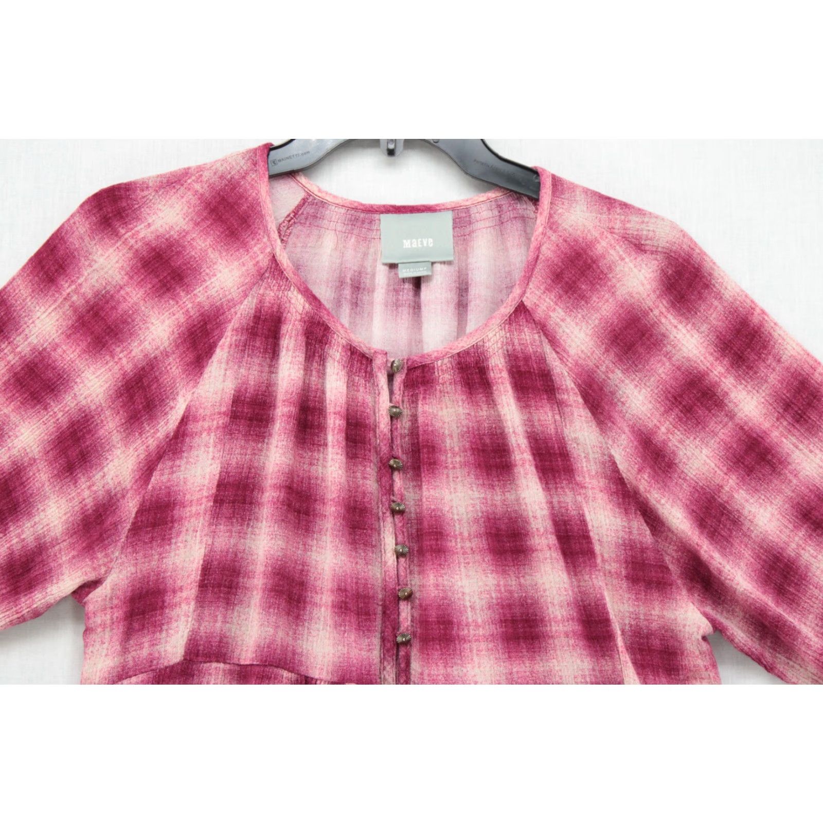 Vintage Maeve Anthropologie Top Women's Medium Pink Plaid Button-Up Boho Balloon Sleeve Shirt Size M / US 6-8 / IT 42-44 - 2 Thumbnail