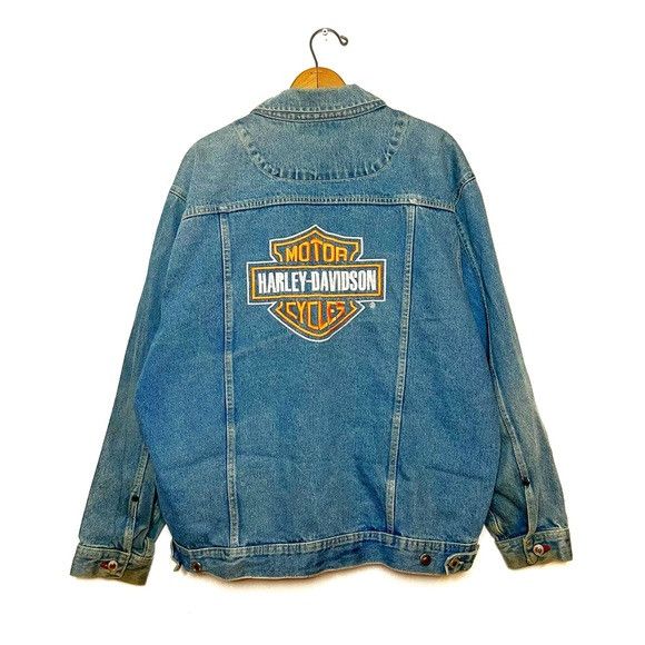 image of Vintage Harley-Davidson Logo Denim Jacket in Blue, Men's (Size XL)