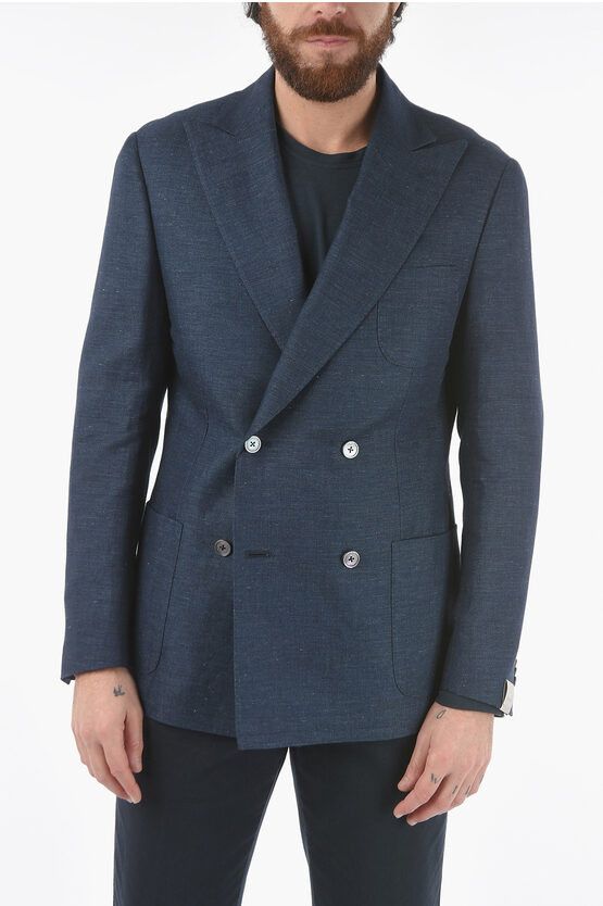 image of Corneliani Side Vents Peak Lapel Patch Pocket Gate Double-Breasted Blaz in Blue, Men's (Size Large)