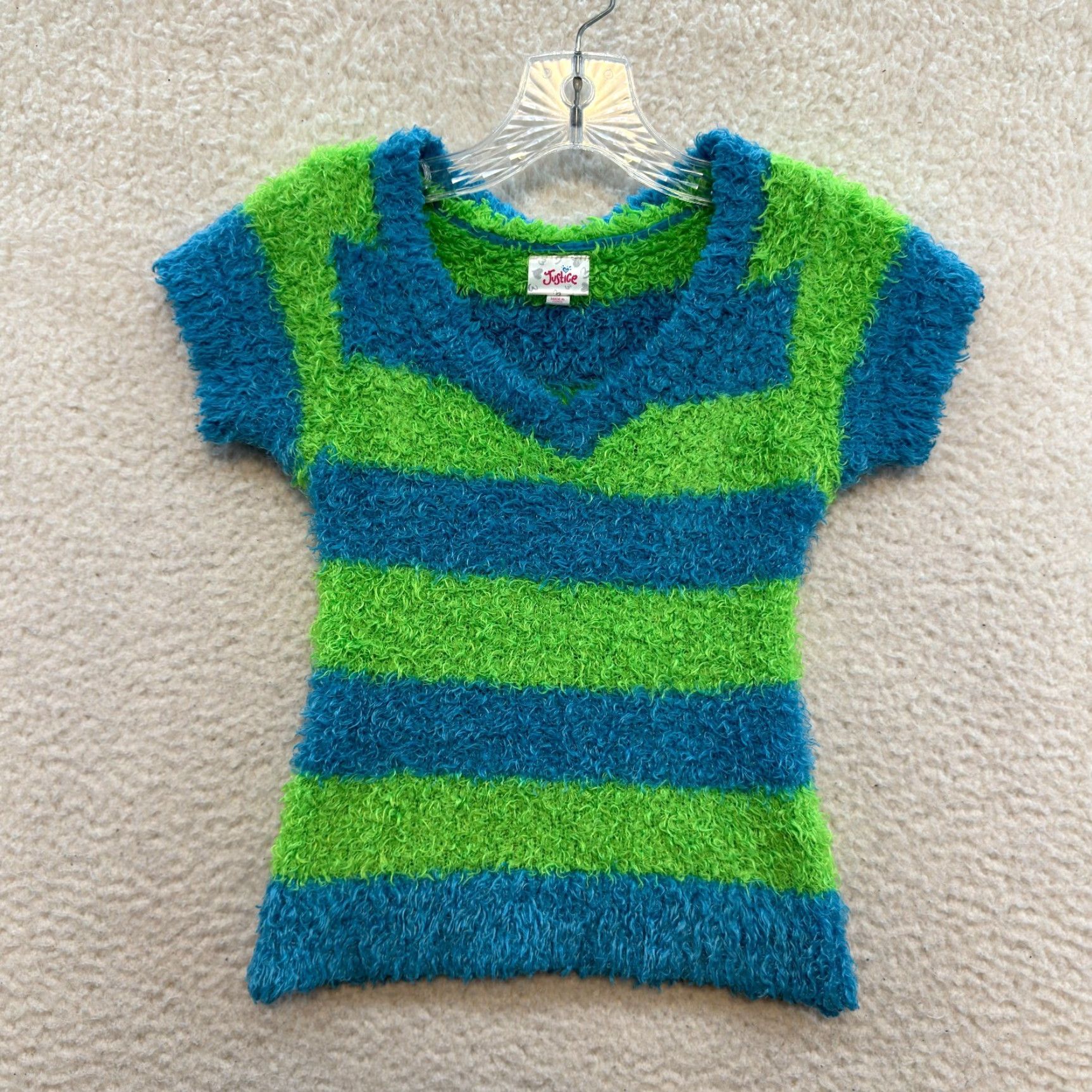 Vintage VINTAGE Justice Fuzzy Furry Top Shirt XS Blue Green Striped Rug Grunge Girls Womens 12 Cyber Y2K Size XS / US 0-2 / IT 36-38 - 2 Thumbnail