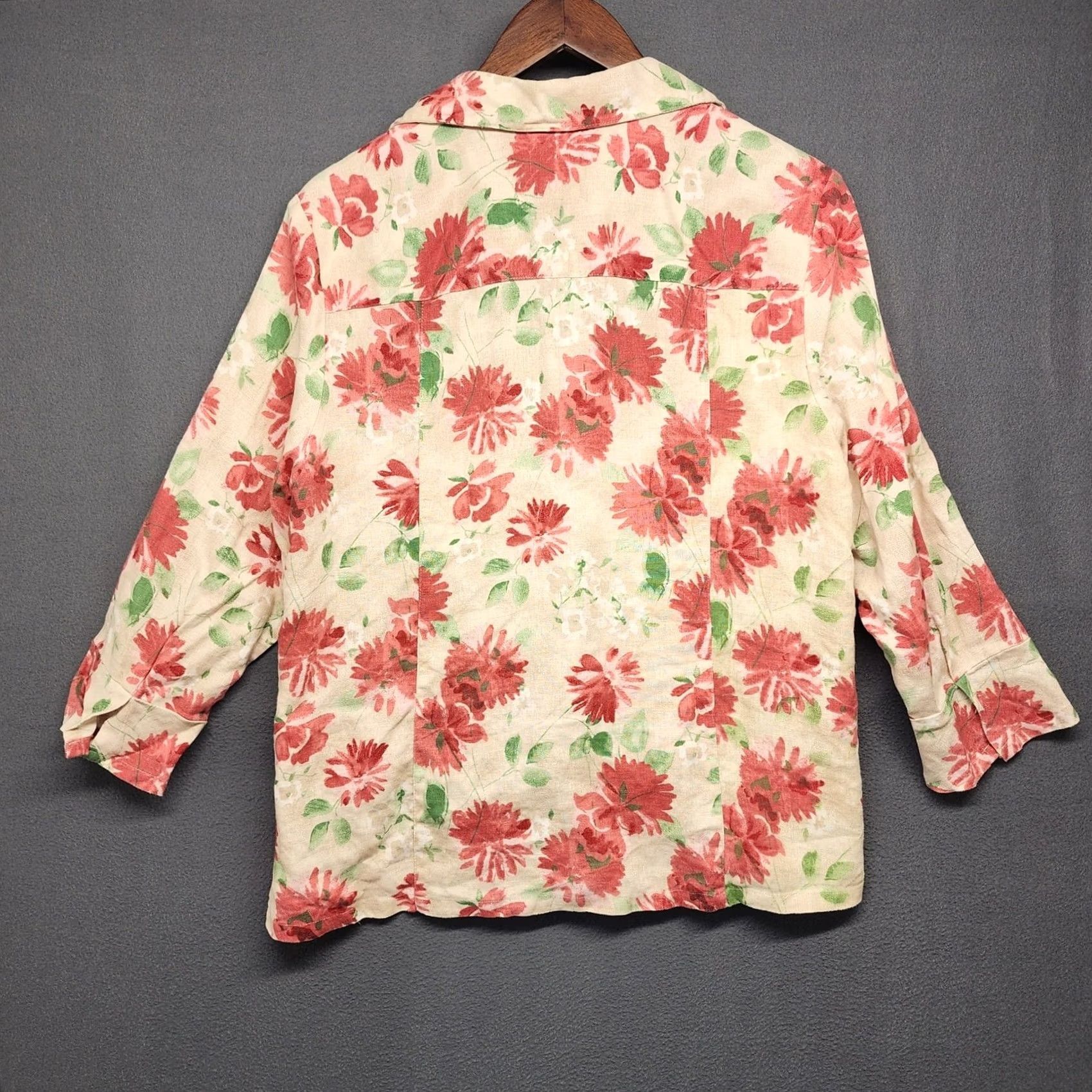 JM Collection JM Collection Womens Top 12 Floral Linen 3/4 Sleeve Button Front Collared Neckline Button-Up Camp Lagenlook Pink Womens Size 12 Regular Crew Neck? Size XL / US 12-14 / IT 48-50 - 2 Thumbnail