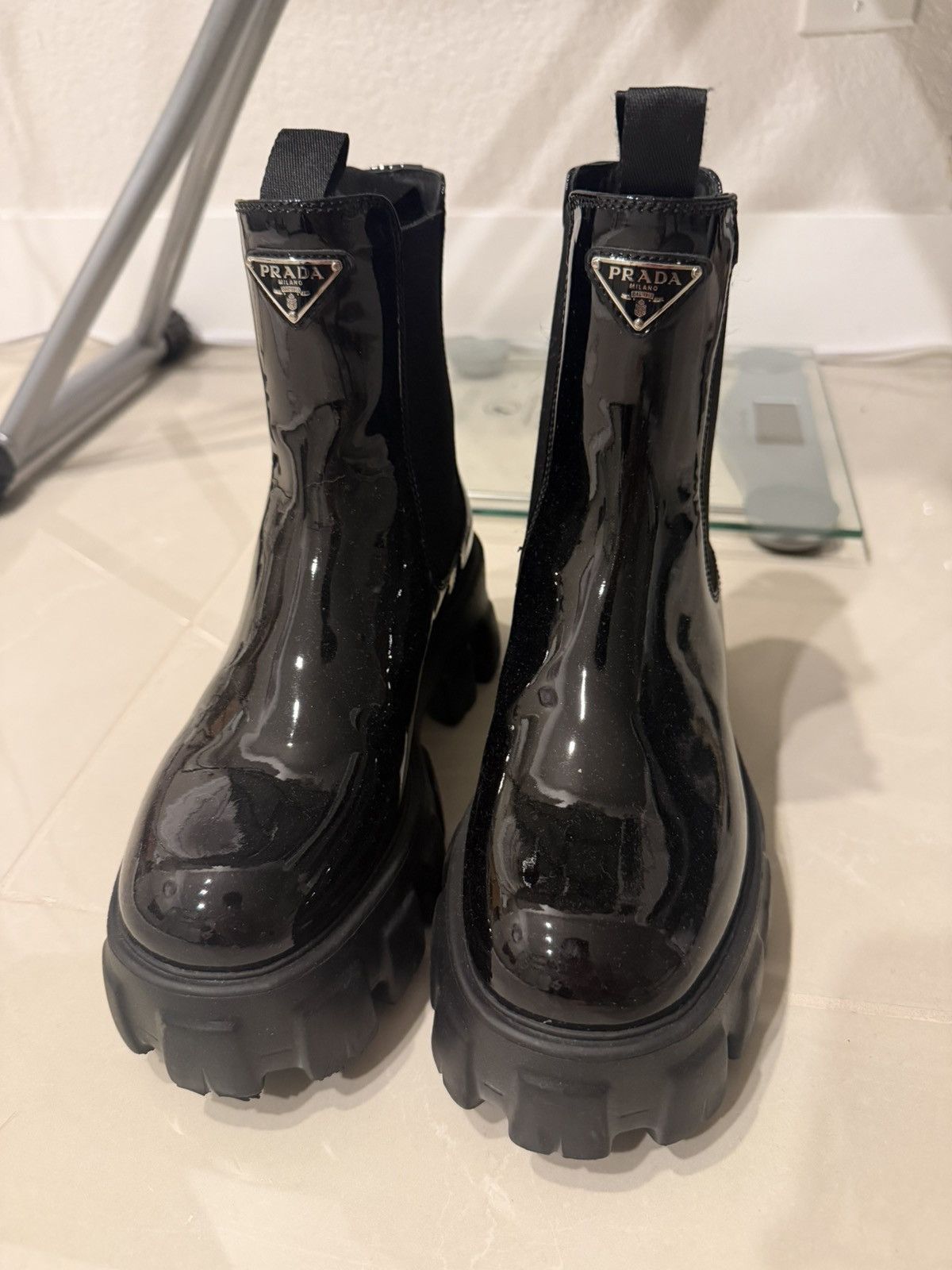 PRADA MONOLITH PATENT LEATHER BOOTIES 35.5