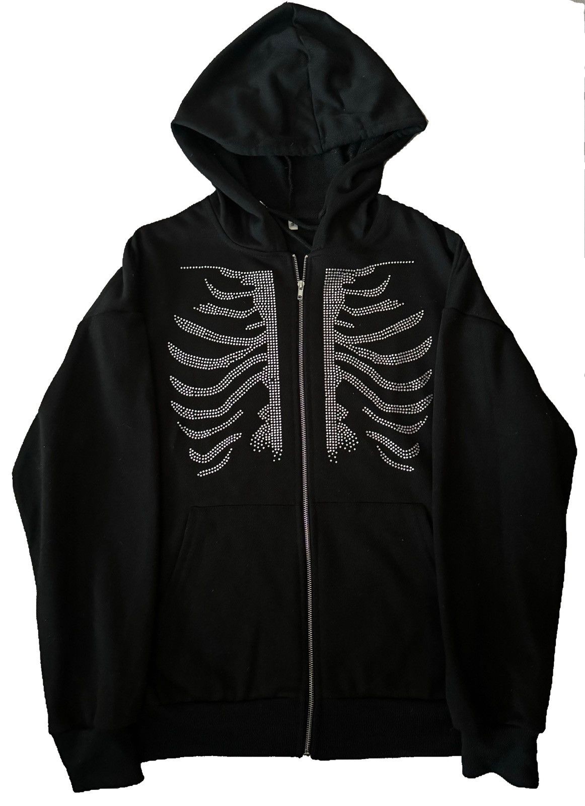 Rhinestone Skeleton Hoodie Black Zip Up Hoodie With Rhinestones