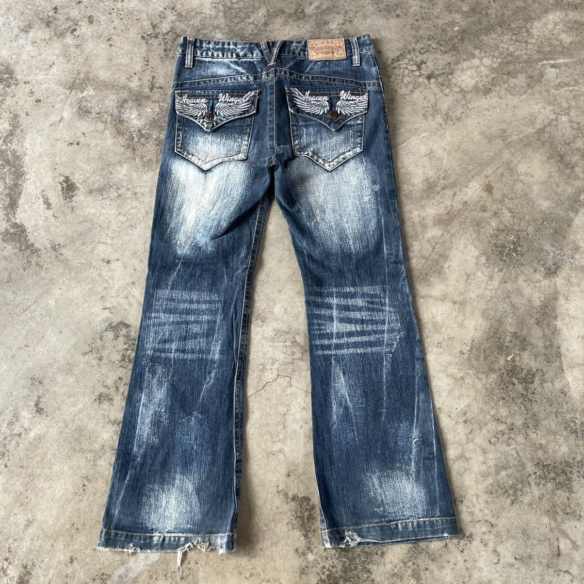 Japanese Brand 🔥🇯🇵Heaven Winger Stoned Washed Flare Distress Denim Jeans Size US 34 / EU 50 - 4 Thumbnail
