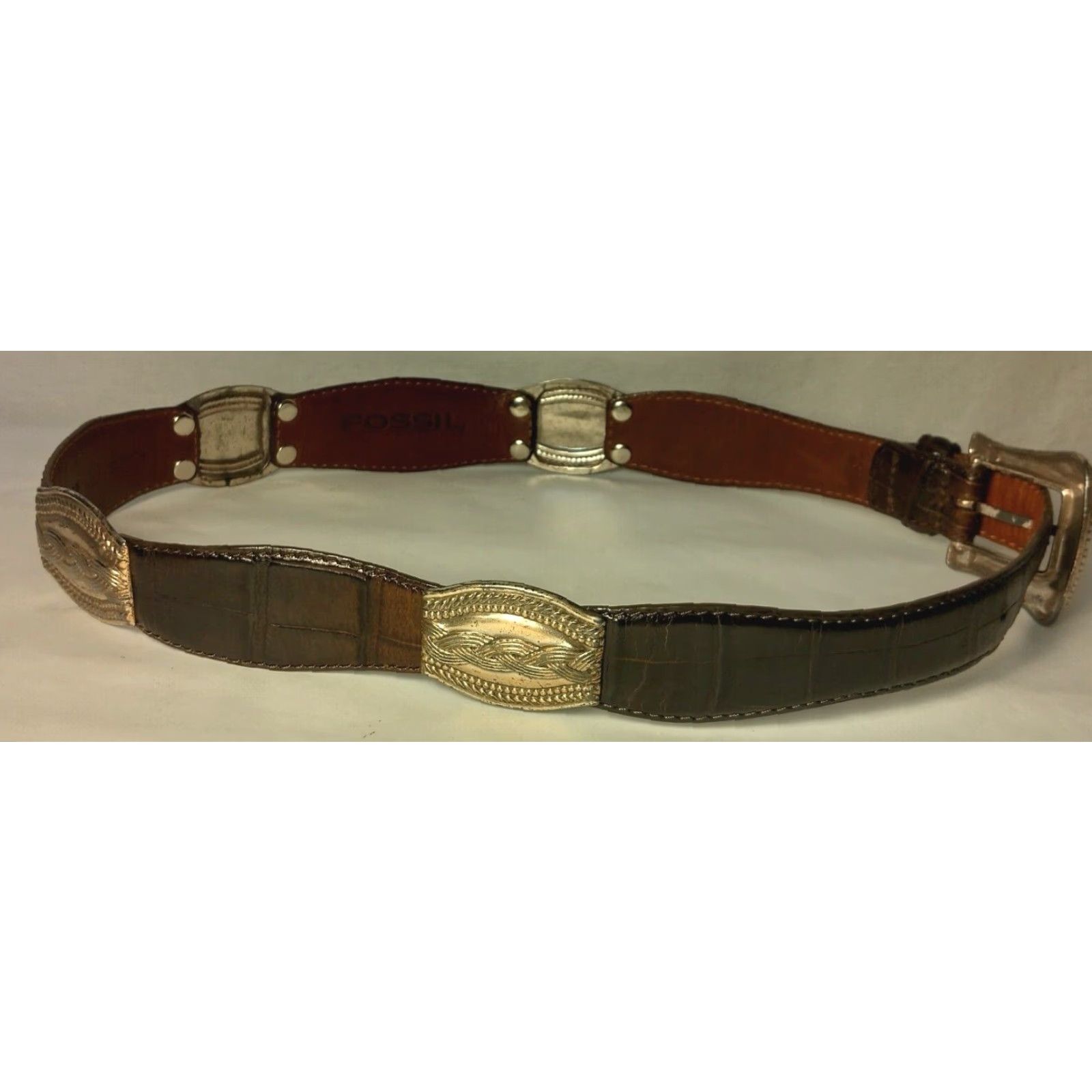 Fossil Fossil Belt Women Medium Brown Leather Metal Links Adjustable Distressed Size ONE SIZE - 5 Thumbnail