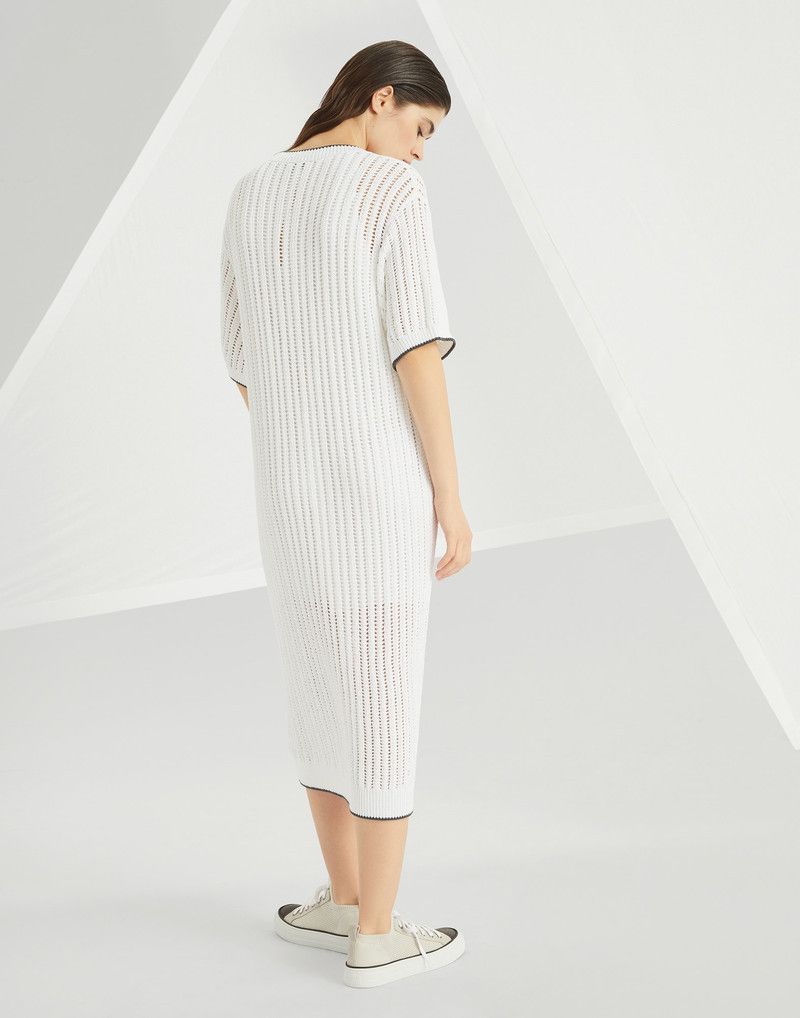 Brunello Cucinelli o1la1rc1a0326 Cotton Openwork Rib Knit Dress in White Size M / US 6-8 / IT 42-44 - 2 Thumbnail