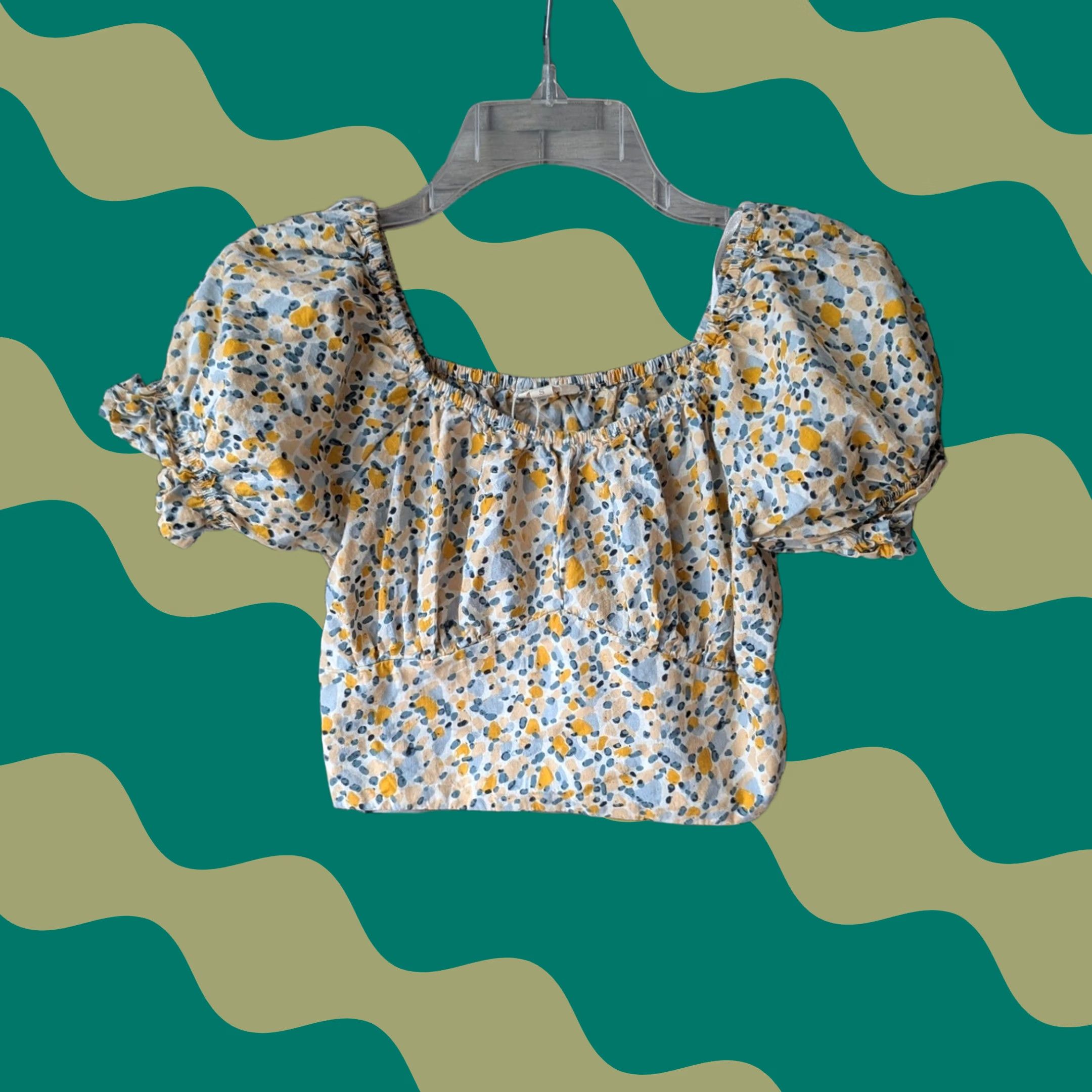 Vintage Cropped Blouse Top Womens Sz S Blue Yellow Dot Print Puff Sleeve Boho Coquette Size S / US 4 / IT 40 - 1 Thumbnail