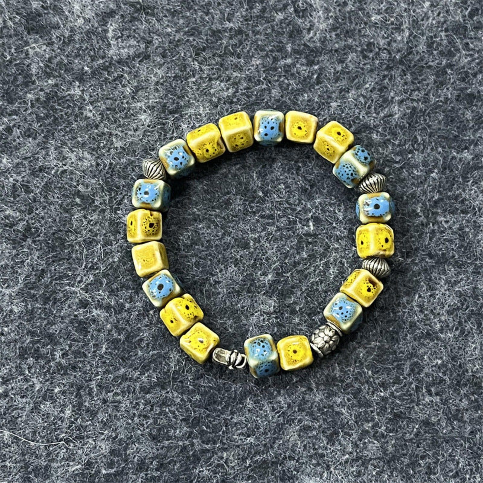 Vintage Yellow Blue Ceramic Beaded Bracelet, Handmade Beads Size ONE SIZE - 4 Thumbnail