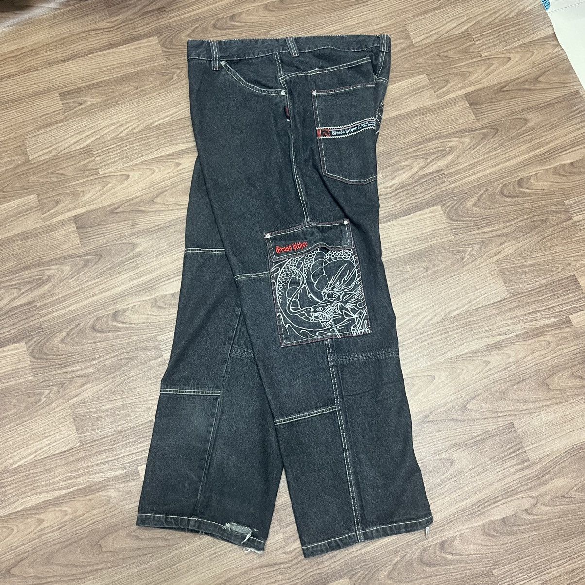 Other Vintage 90s Grass Hither Embroidery Baggy Cargo Black Size US 42 / EU 58 - 3 Thumbnail