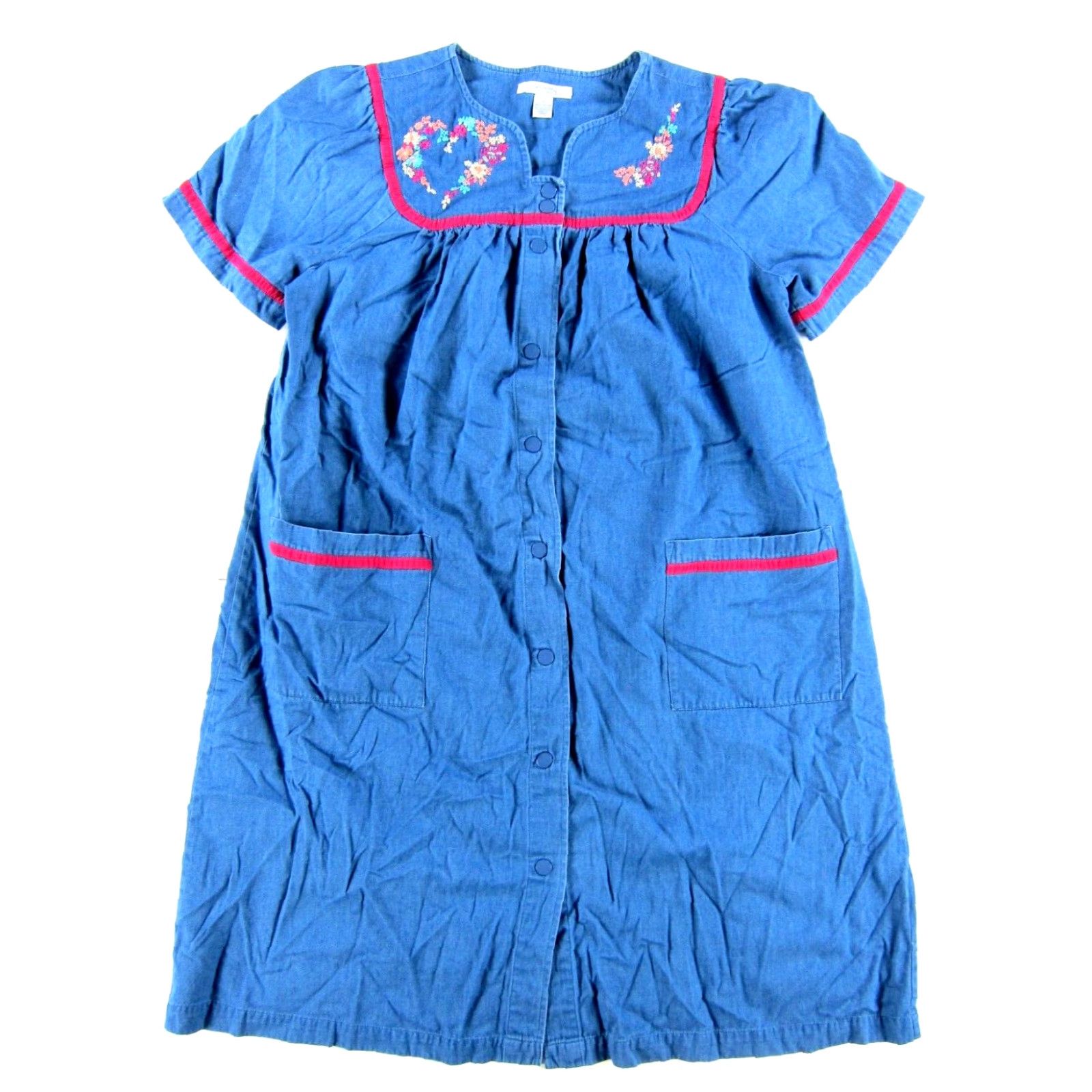 Denime VINTAGE Go Softly Patio Cotton Blue Denim Pink Floral Embroidered Pocket Dress S Size S / US 4 / IT 40 - 2 Thumbnail