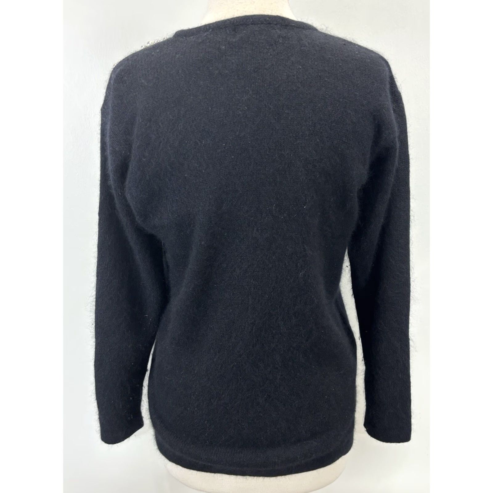 VINTAGE Lord & Taylor Sweater Medium Black Silk Angora Pearl Drop Womens