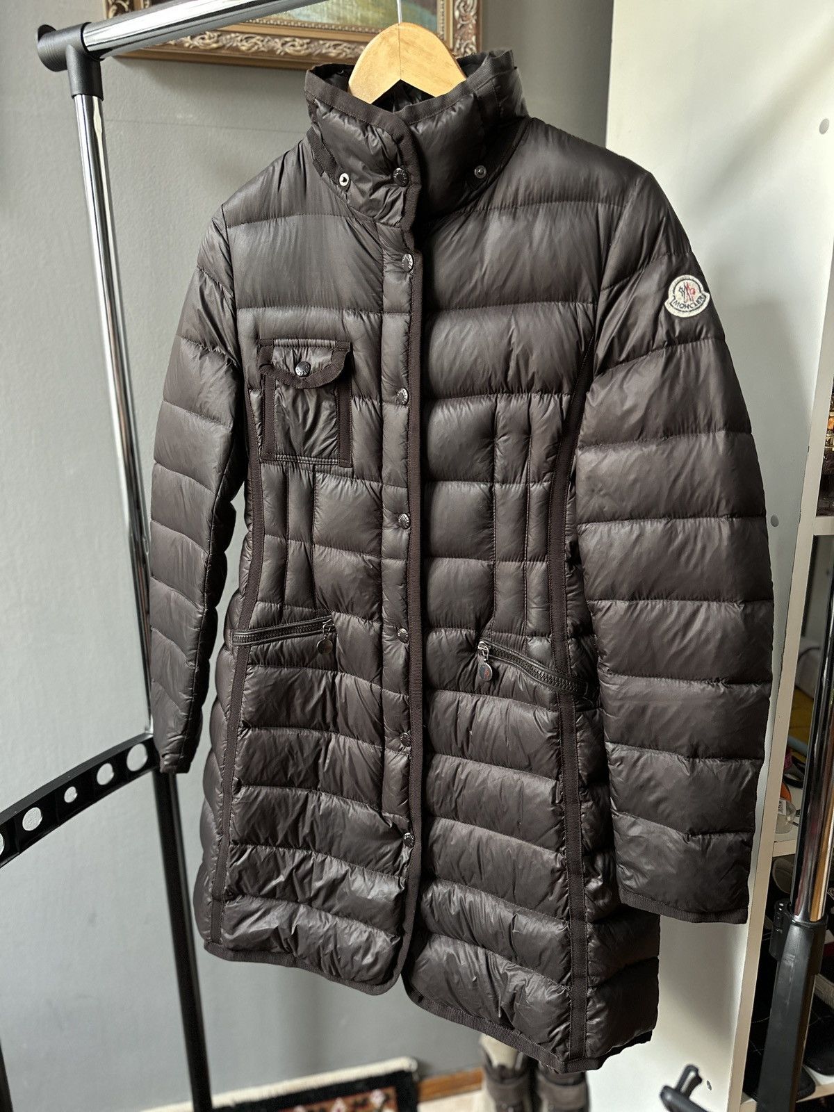 Brown Moncler Hermine Giubbotto long down jacket Size 1 Outerwear