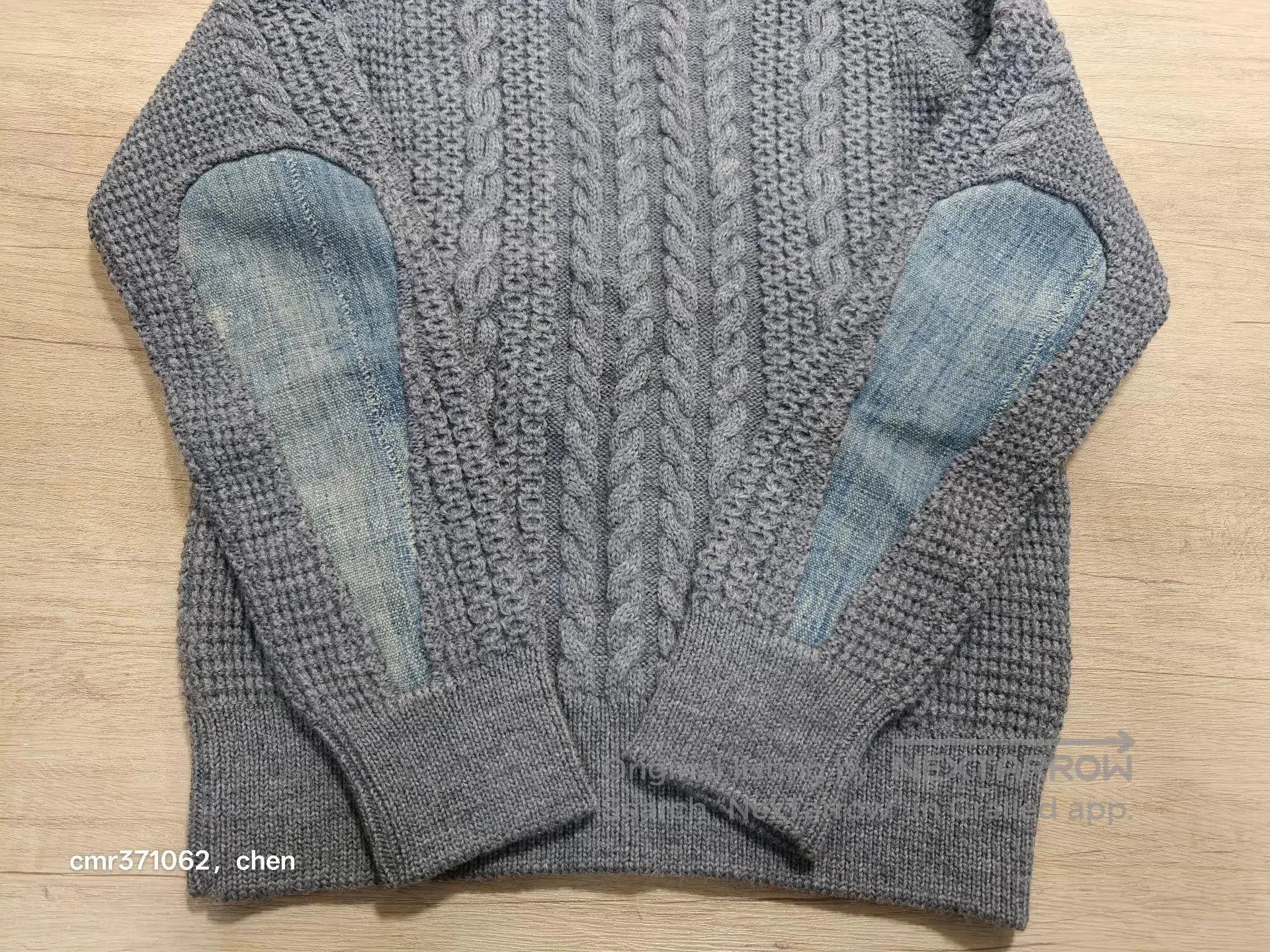 Visvim Gray Cable Knit Sweater w/ Denim Elbow Patches (M). Size US M / EU 48-50 / 2 - 4 Thumbnail