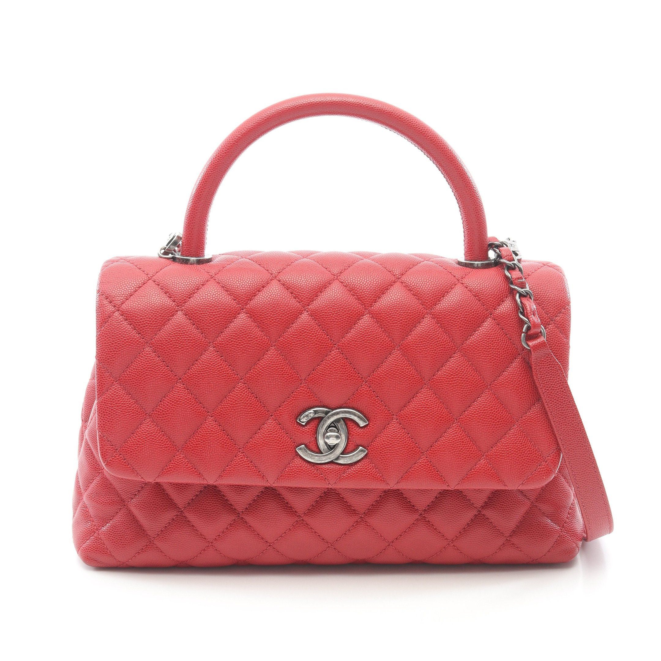 Chanel Coco Handle 29 Top Flap Bag Matelasse Handbag Caviar Skin Red Antique Silver Hardware, Women's
