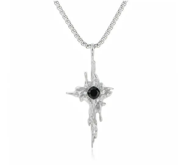 Jewelry Silver Gothic Cross Pendant Necklace with Black Stone Size ONE SIZE - 5 Thumbnail