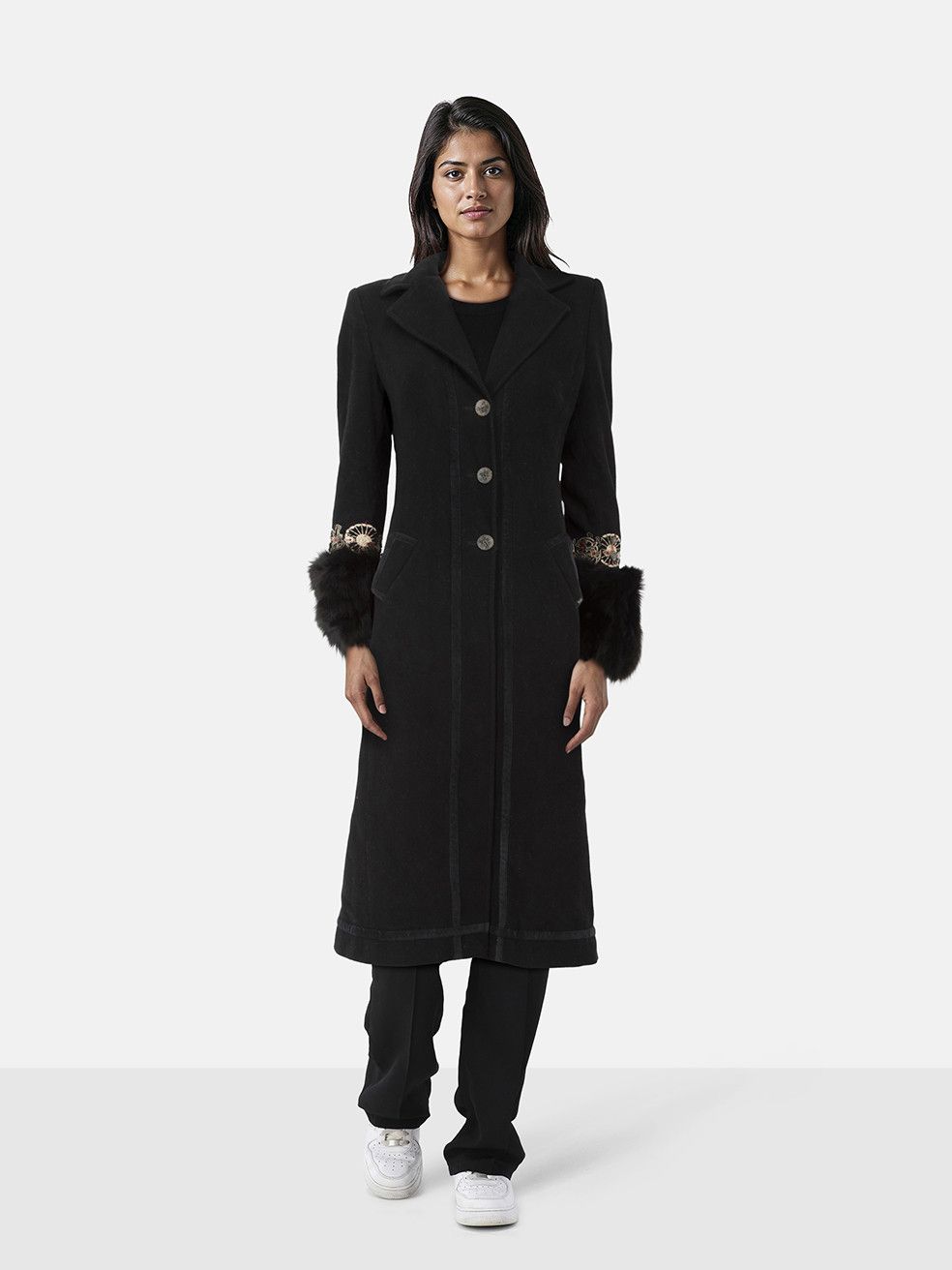 John Galliano Black Wool Fox Fur Cuff Long Coat Size S / US 4 / IT 40 - 1 Thumbnail