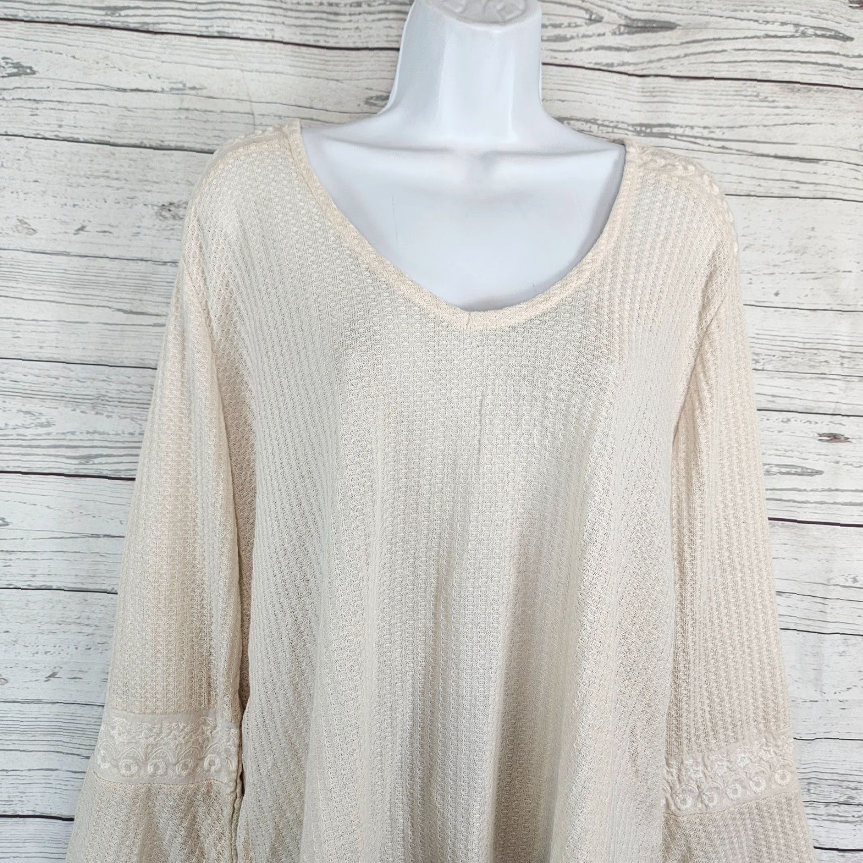 Lucky Brand Lucky Brand Womens Top Waffle Knit Cream 2XL Embroidered V-Neck Pullover Long Sleeve Shirt Size XXL / US 16-18 / IT 52-54 - 7 Thumbnail
