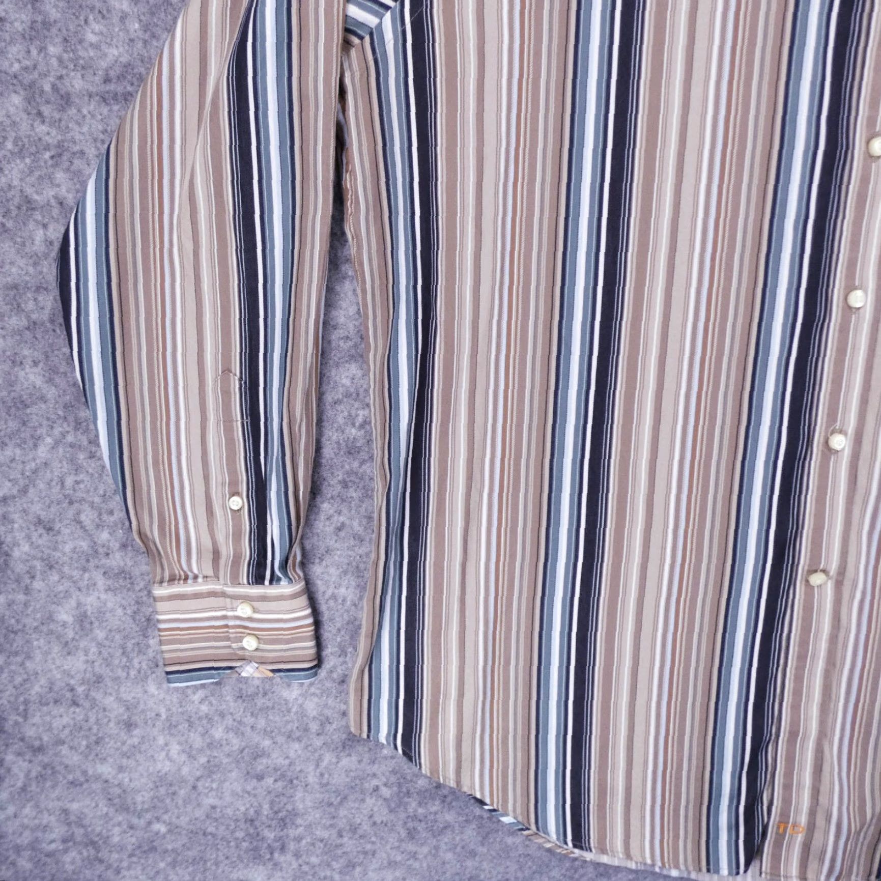 Vintage Thomas Dean Shirt Mens Extra Large Button Up Long Sleeve Beige Blue Striped Size US XL / EU 56 / 4 - 4 Thumbnail