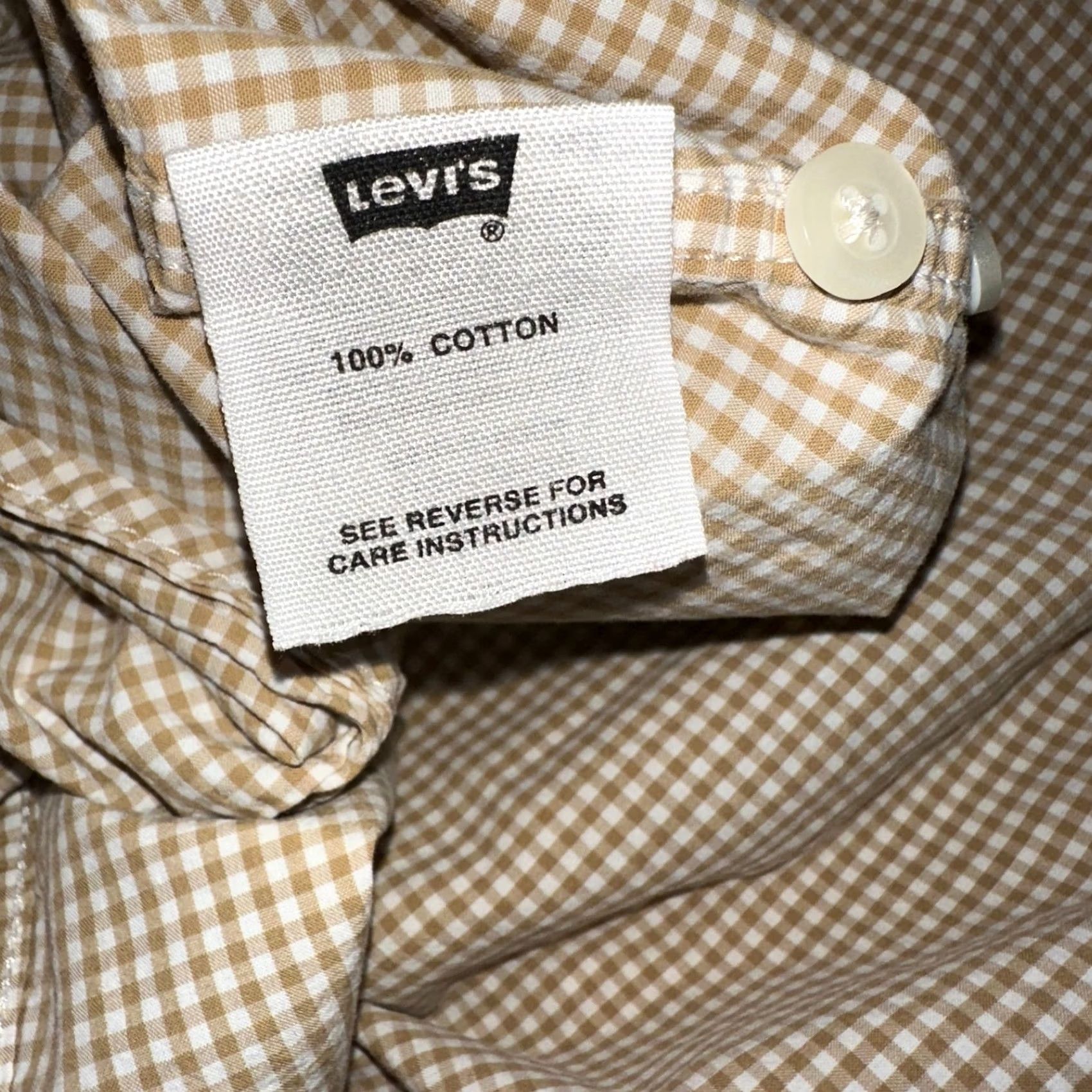 Levi's VINTAGE Levis Shirt Mens L Tan Gingham Check Cotton Long Sleeve Button Up Pocket Size US L / EU 52-54 / 3 - 7 Thumbnail
