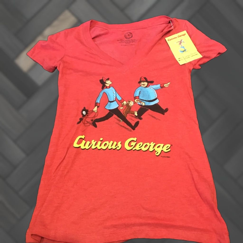 George Out of Print Red Curious George Casual Tee Womens T Shirt V Neck Size M Size M / US 6-8 / IT 42-44 - 1 Thumbnail