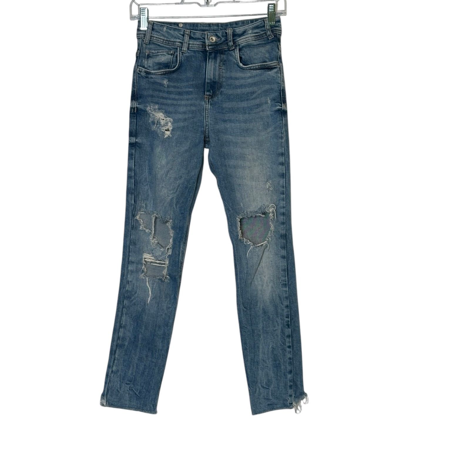 Zara Trafaluc Denimwear blue distressed straight leg jeans size 4 Size 27" / US 4 / IT 40 - 6 Thumbnail