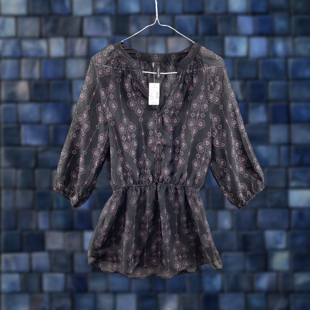 Vintage MAURICES Shirt Dress Black Aztec Sheer Elastic Waist Short Size S Womens Size S / US 4 / IT 40 - 1 Thumbnail